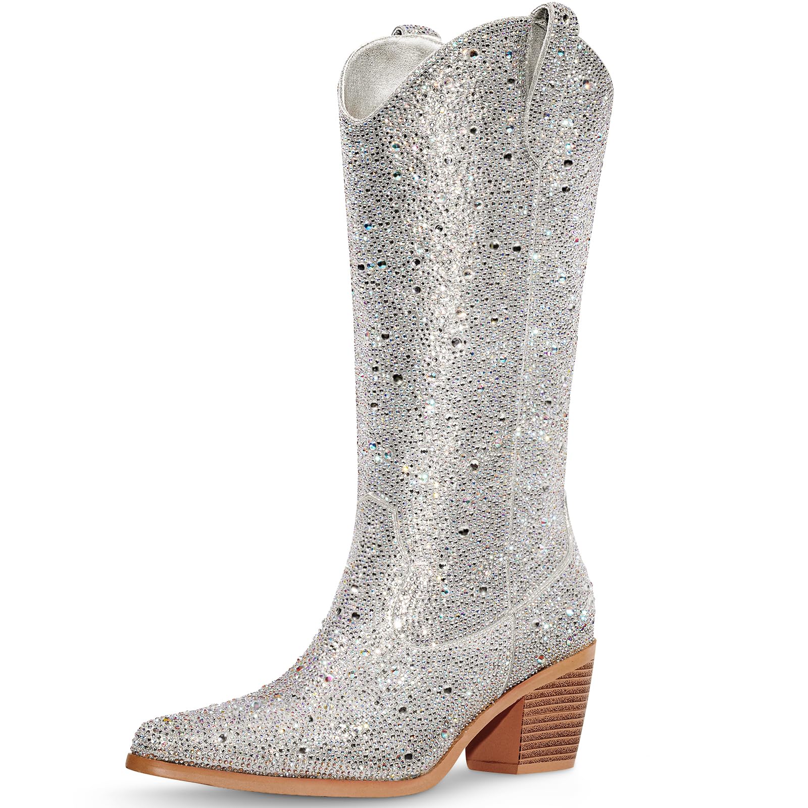Sparkly Rhinestone Cowgirl Boots for Women - Western Style Wide Calf Glitter Boots with Diamond Chunky Heel | Perfect for Country Concerts, Line Dancing & Cowgirl Fashion Outfits
