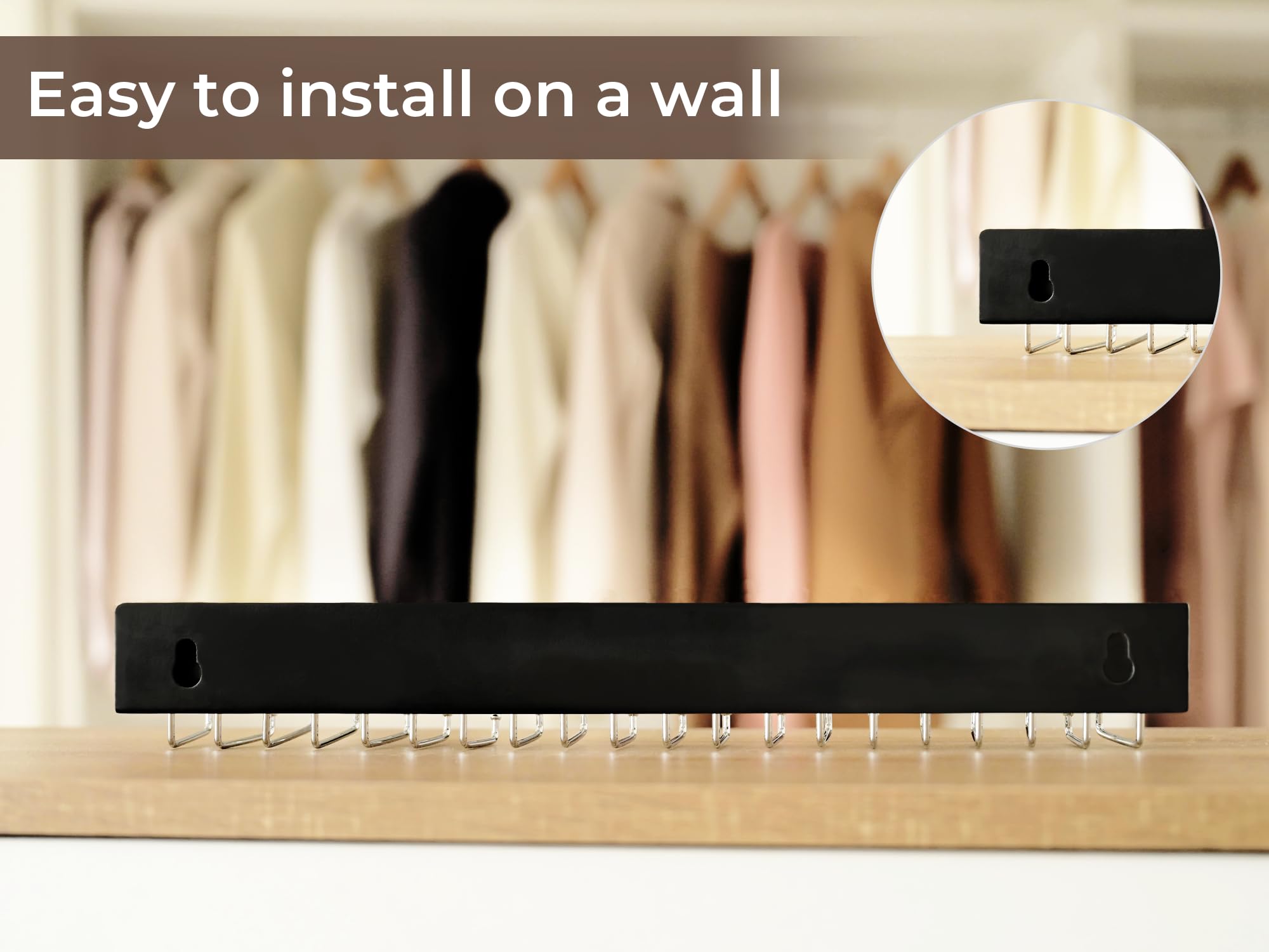 StorageWorks 2-Pack Wooden Tie Rack with 20 Hooks - Wall Mounted Organizer for Neckties, Belts, Hats & Accessories - Space Saving Closet Storage Solution for Home & Office (Black)
