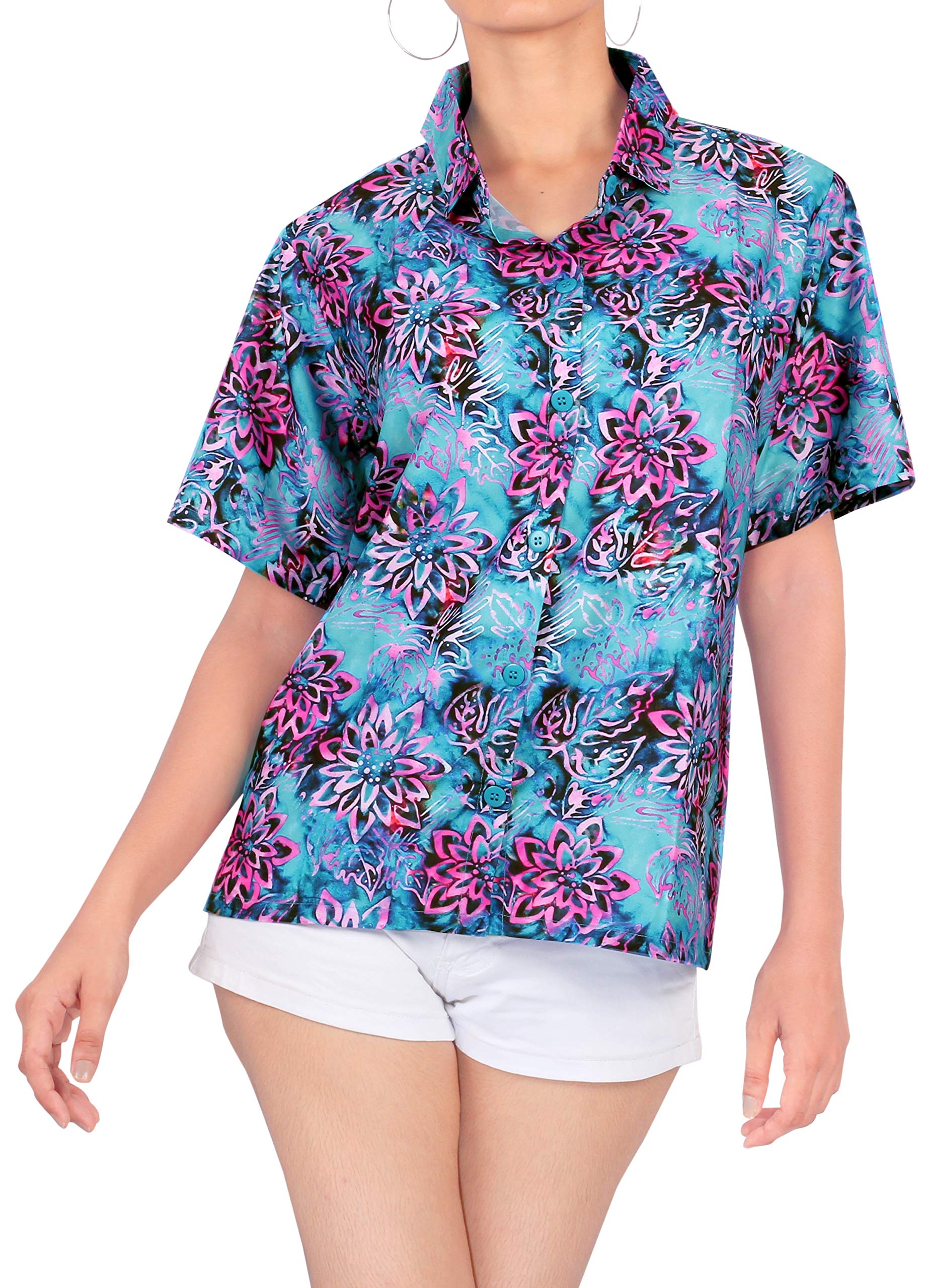 LA LEELA Women's Short Sleeve Hawaiian Shirt - Tropical Floral Print Beach Blouse for Summer Vacation, Pool Party & Casual Outfit