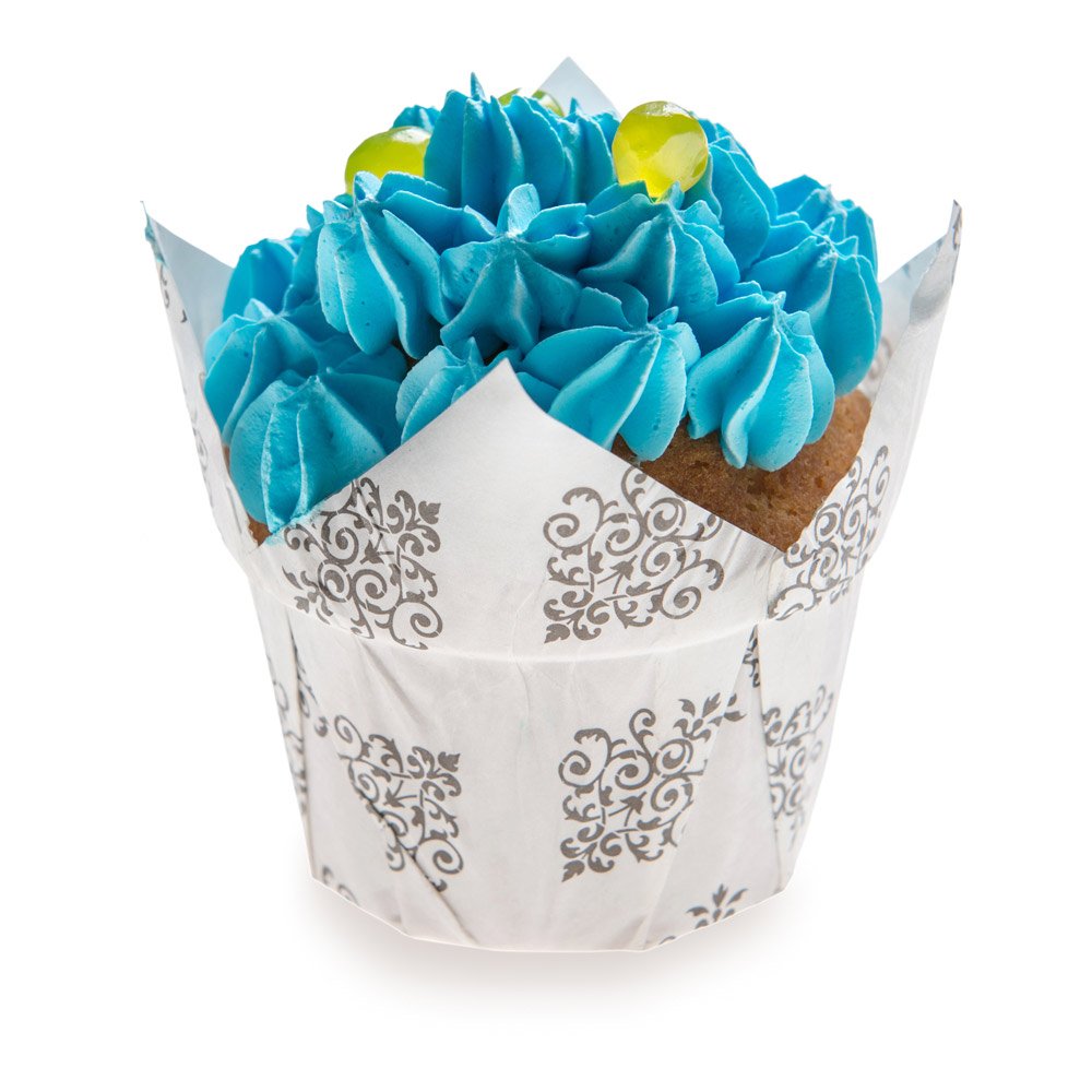 Restaurantware Panificio 1.2 Oz Baking Cups - 200 Count Tulip Cupcake Liners | Oven-Safe, Freezer-Friendly Black & White Floral Muffin Wrappers | Disposable Vintage Paper Baking Cups for Weddings, Baby Showers & Party Desserts