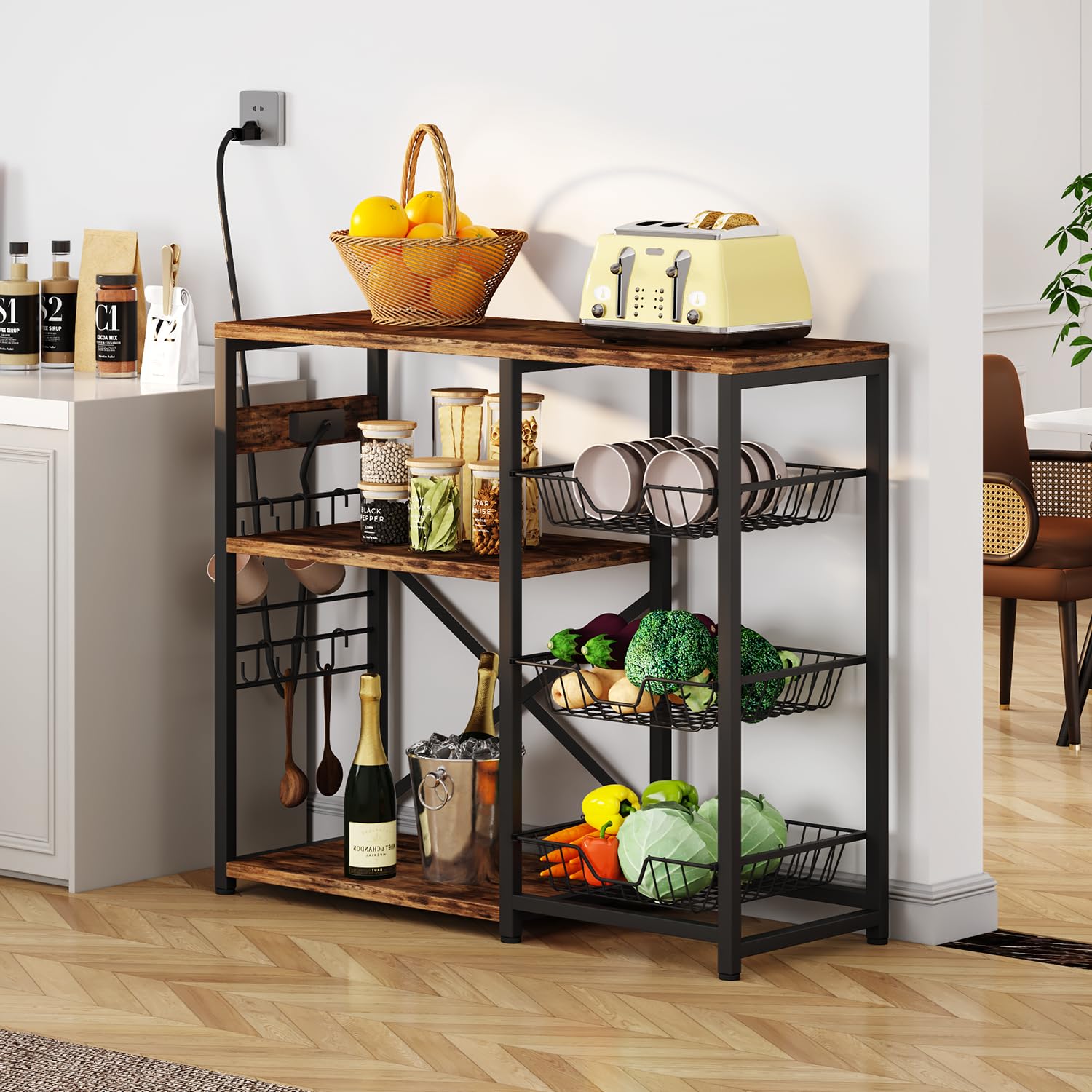 Homeiju Kitchen Island with Power Outlet | Rustic Brown Baker's Rack & Microwave Stand | Coffee Bar Station with 3 Removable Wire Baskets | Kitchen Storage Organizer with 6 S-Hooks for Spices, Pots & Pans | Perfect for Small Kitchens, Apartments & Coffee Stations