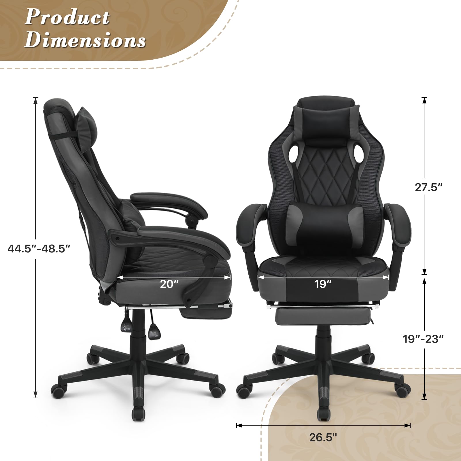 Ergonomic Gaming Chair with Footrest & Headrest Lumbar Support - Adjustable Height Swivel Computer Office Chair for Adults & Kids (Grey) - Perfect for Gaming, Working & Home Office Use