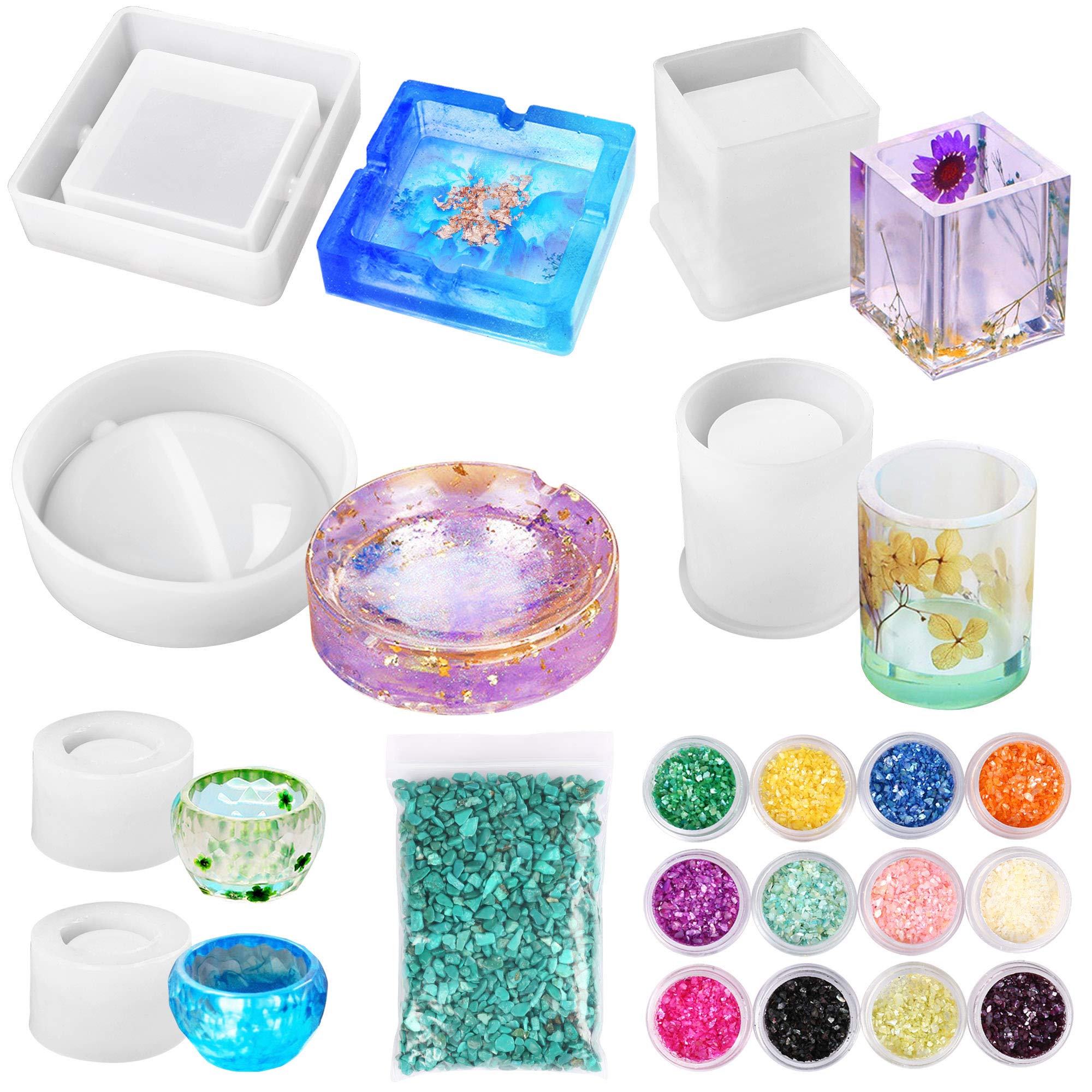 Premium Epoxy Resin Molds for DIY Crafting - Ashtray, Plant Pot, Pen & Candle Holder Silicone Molds Kit with Decorative Stones & Glitter Sequins - Perfect for Resin Art, Home Decor & Gift Making