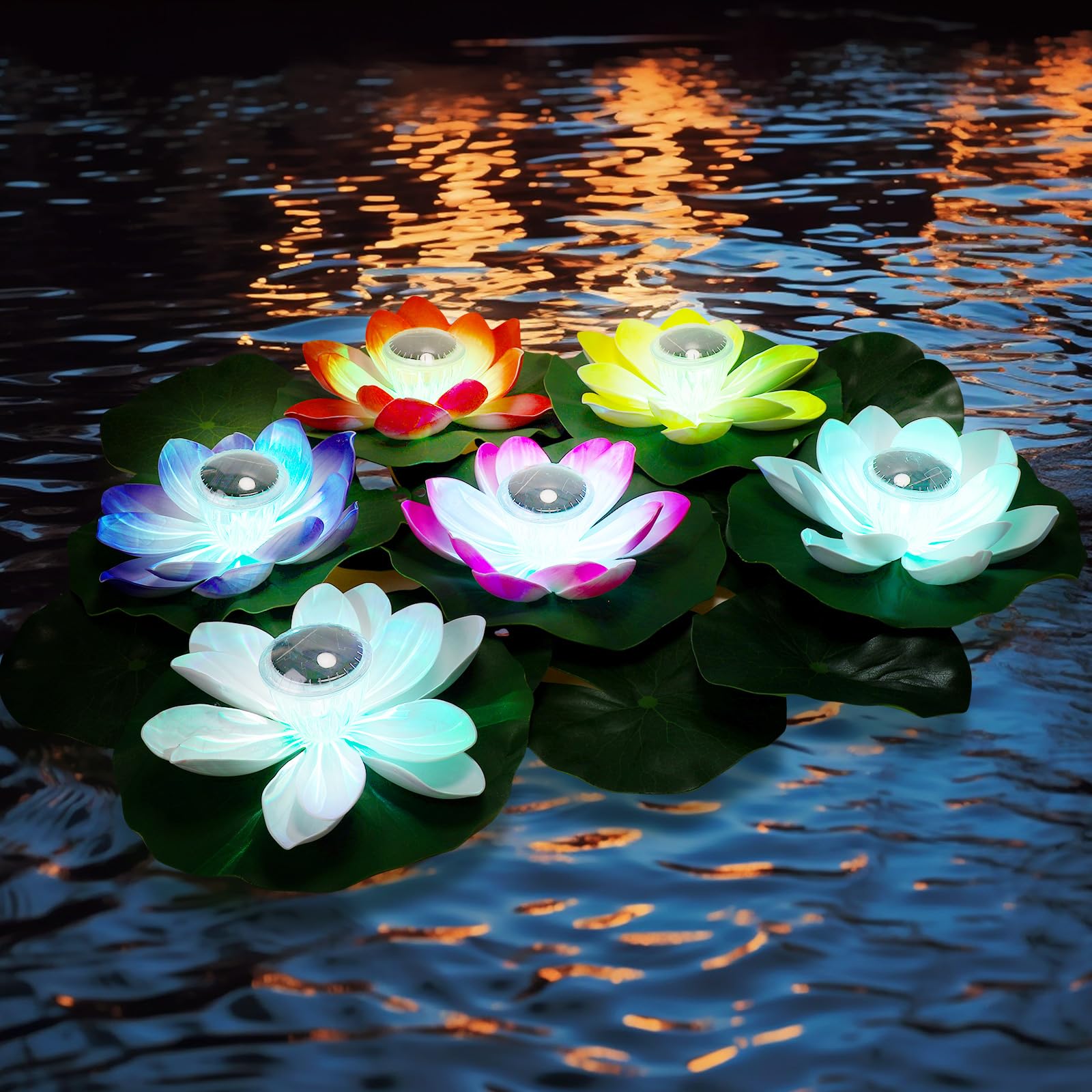 16 Pack Solar Lotus Pond Lights - Waterproof Floating LED Solar Lights with Lily Pads for Garden, Pool, Patio | Outdoor Decor for Night Parties, Swimming Pools & Water Features