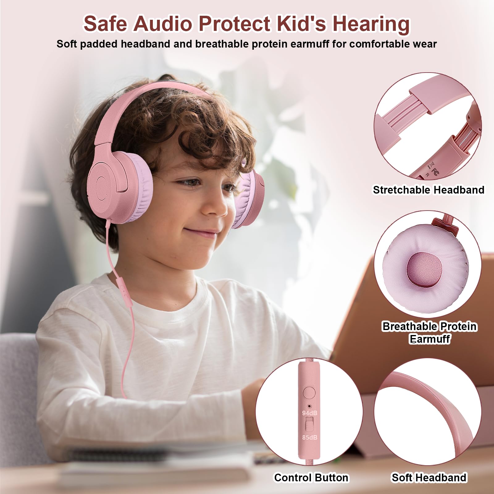 Kids Wired Headphones with Microphone - 85/94dB Safe Volume Limiter, Foldable Over-Ear Headset with 3.5mm Jack for Online Learning, Travel, School & Home Use - Compatible with iPad, Tablet, PC, Laptop - Pink (Ideal for Remote Classes, Gaming & Entertainment)