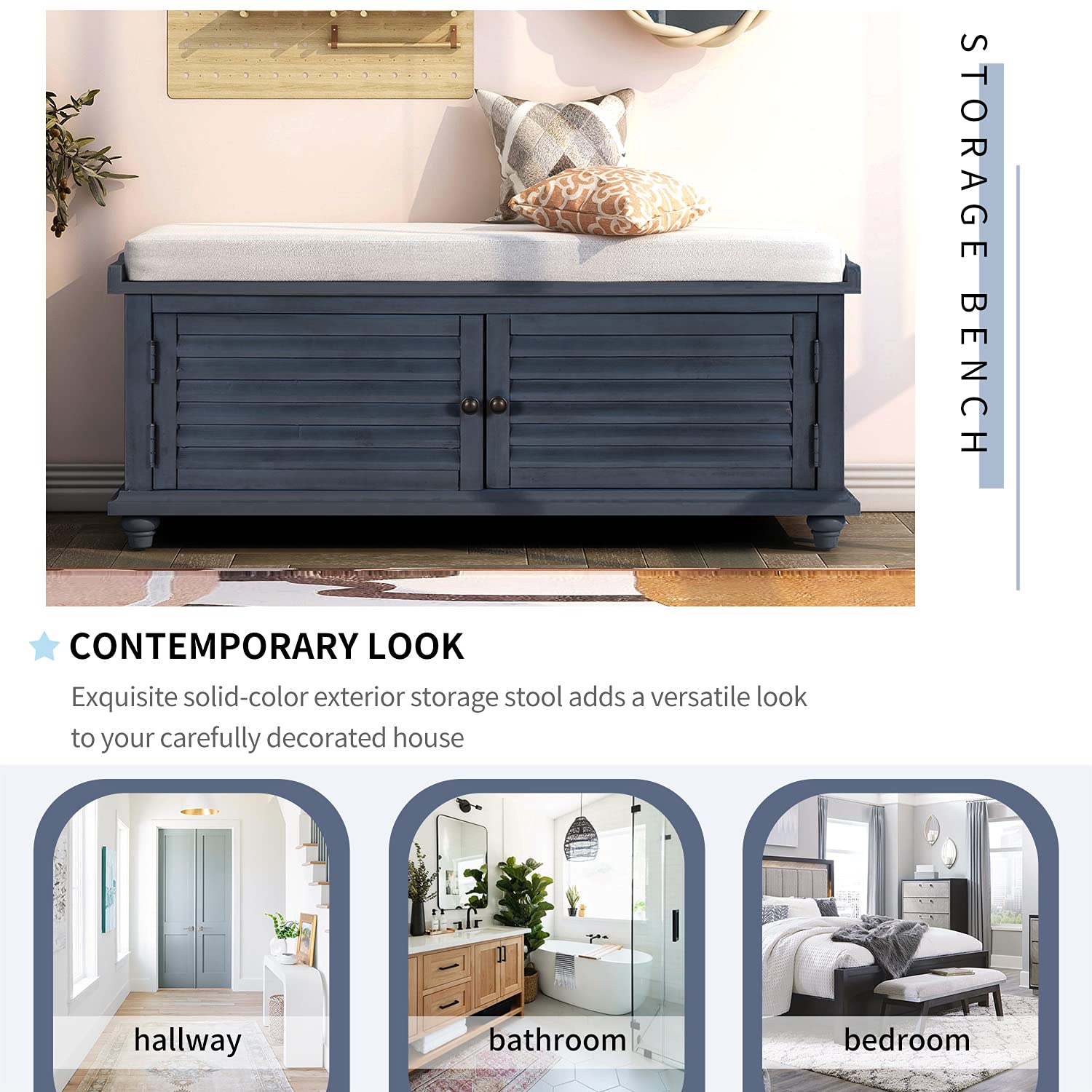 Solid Wood Entryway Storage Bench with Removable Cushion & 2 Doors - Louver Shoe Bench for Hallway, Living Room, Bedroom - Navy Blue Organizer for Shoes, Hats & Home Decor