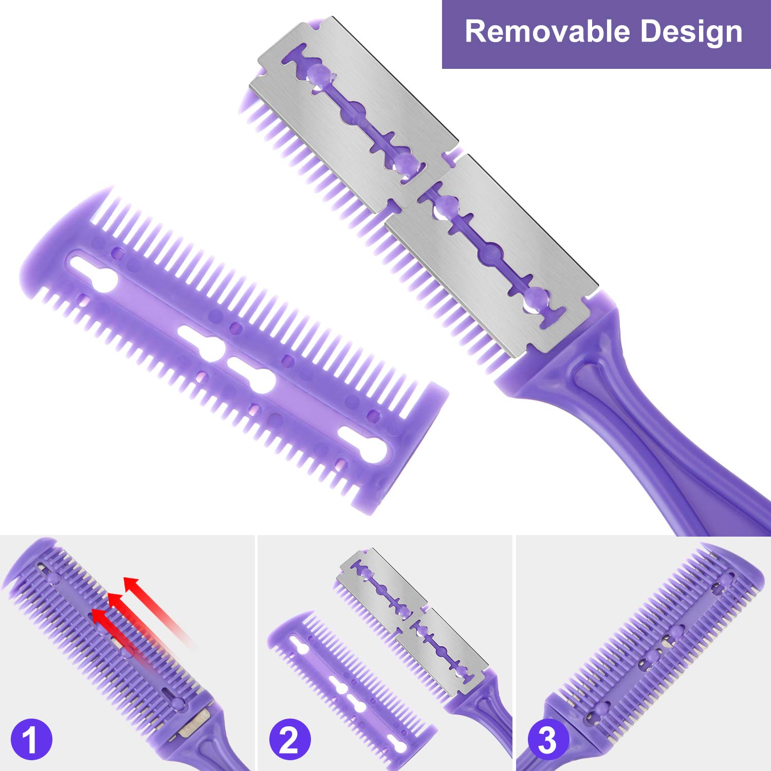 Professional 3-Piece Hair Cutting Comb Set with 10 Double Edge Razors & Thinning Comb - Green, Purple, Pink for Precision Haircuts | Salon & Home Barber Use for Men & Women