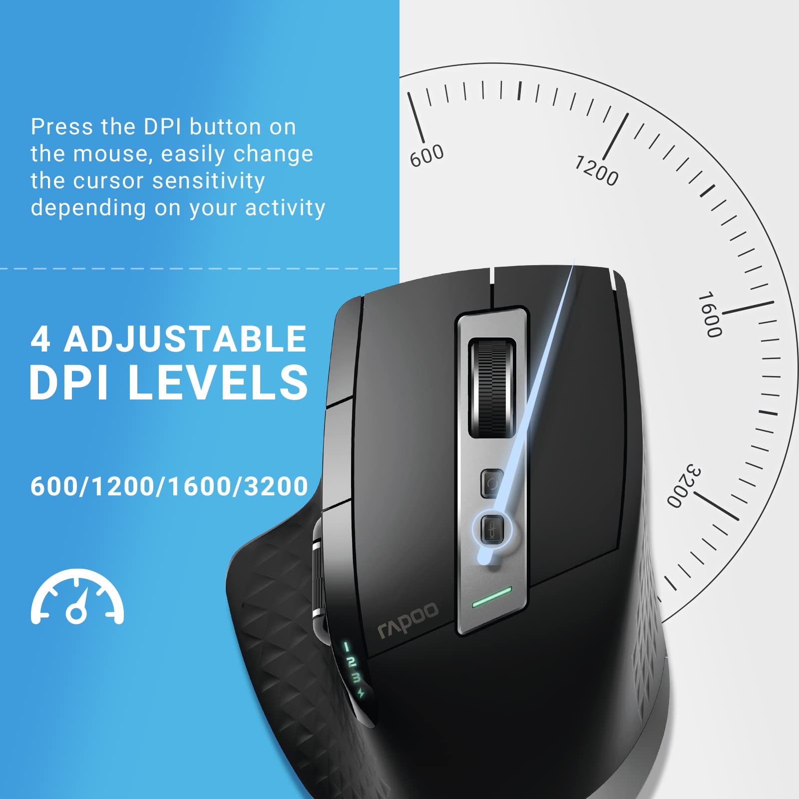 Rapoo Bluetooth Wireless Mouse - 4 Adjustable DPI, Rechargeable, Multi-Device (3 Bluetooth+USB), Programmable Ergonomic Mouse with Side Roller - Perfect for Laptop, Desktop PC, Office Work, Gaming & Travel Use