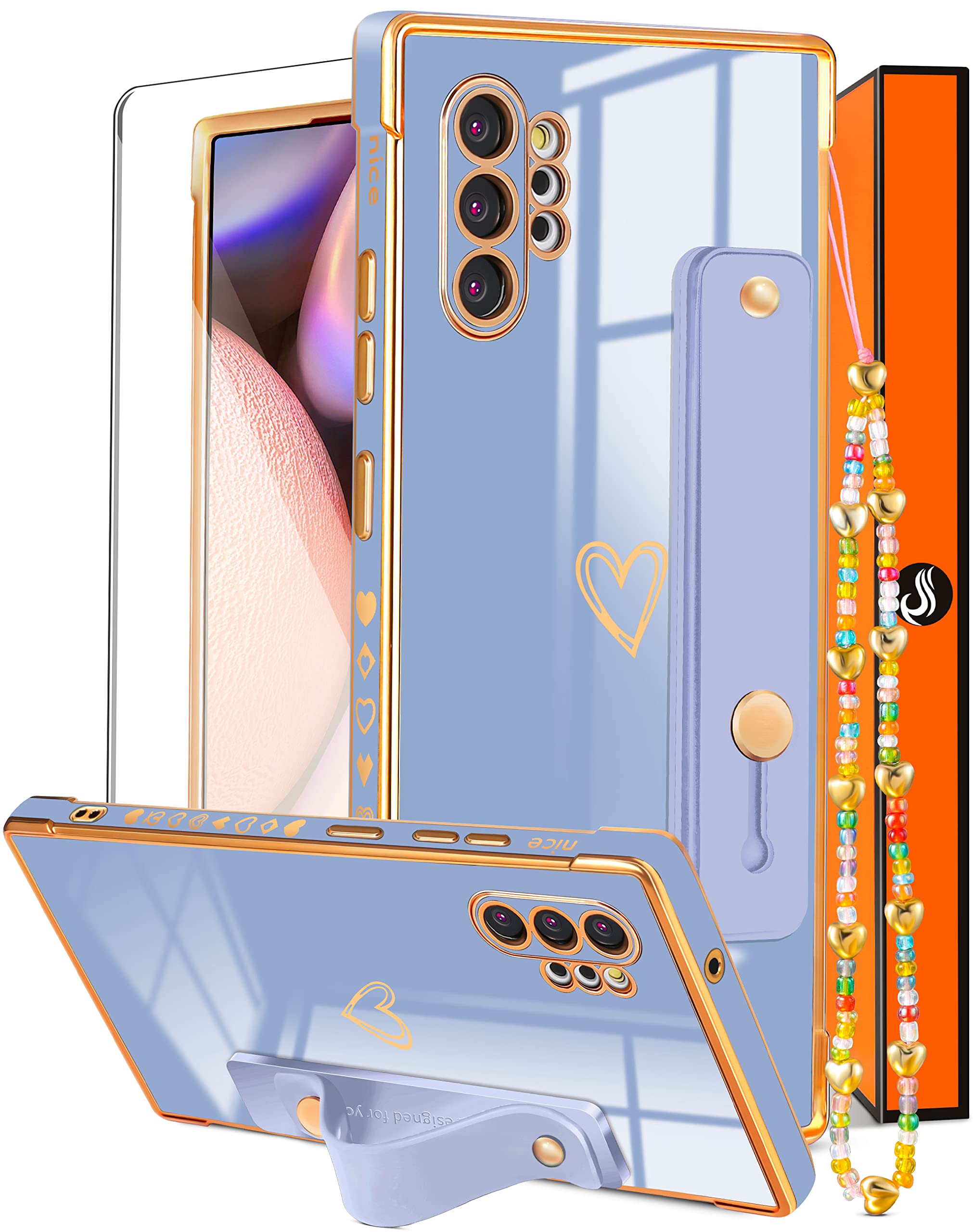 3-in1 Luxury Cute Heart Design Samsung Galaxy Note 10 Plus Case for Women - Trendy Blue & Gold Plating with Loop Chain (6.8 inch) | Perfect Gift for Girls, Valentine's Day & Everyday Protection