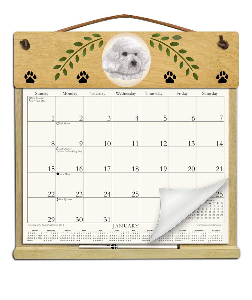 Refillable Wooden Bichon Frise Dog Calendar Holder - Cute Desk Organizer for Home & Office Decor