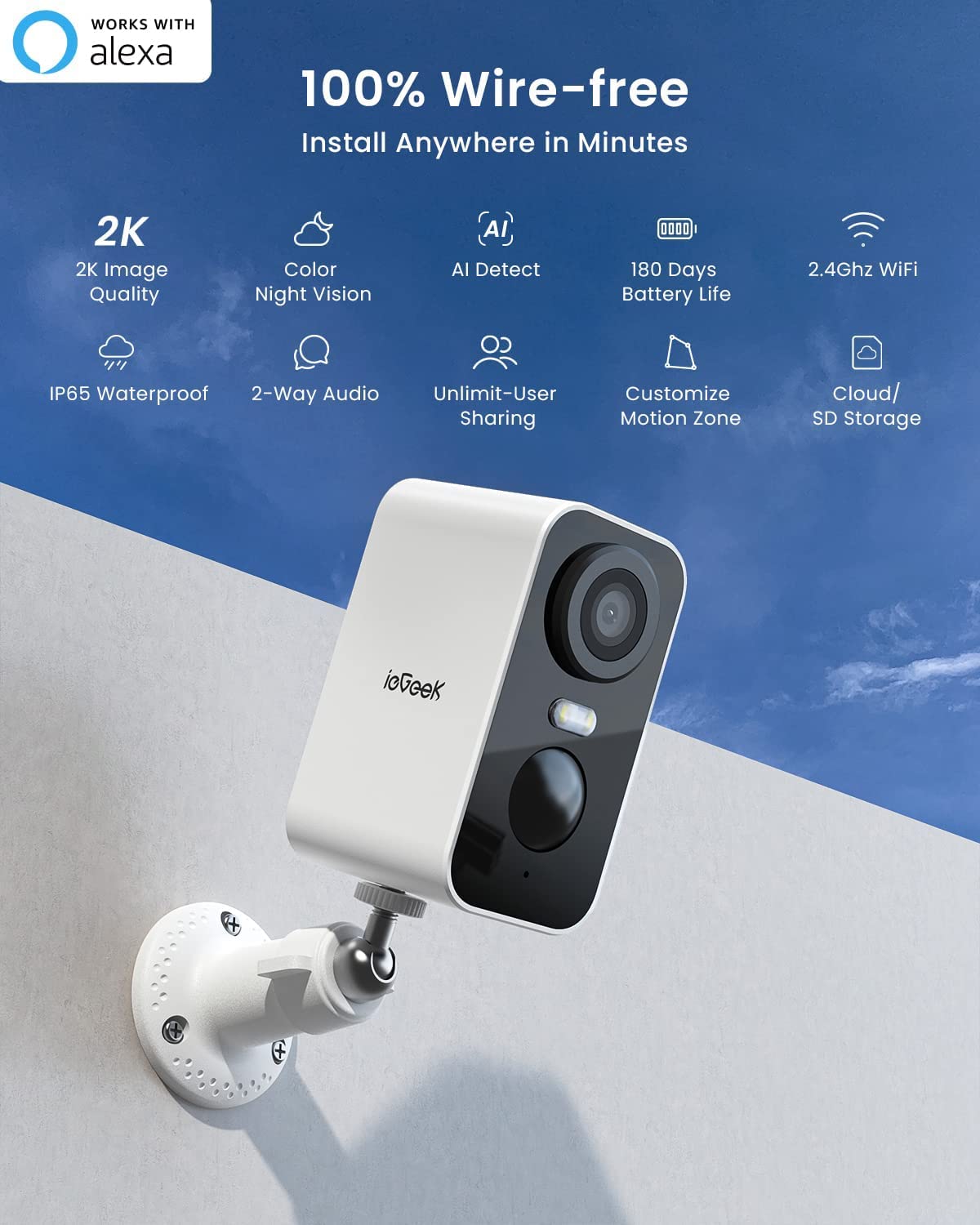 ieGeek Wireless Outdoor Security Camera 2-Pack - 2K WiFi Surveillance System with AI Detection, Siren & Spotlight - Battery Powered, IP65 Waterproof - Works with Alexa - Perfect for Home Security, Backyard Monitoring & Nighttime Protection