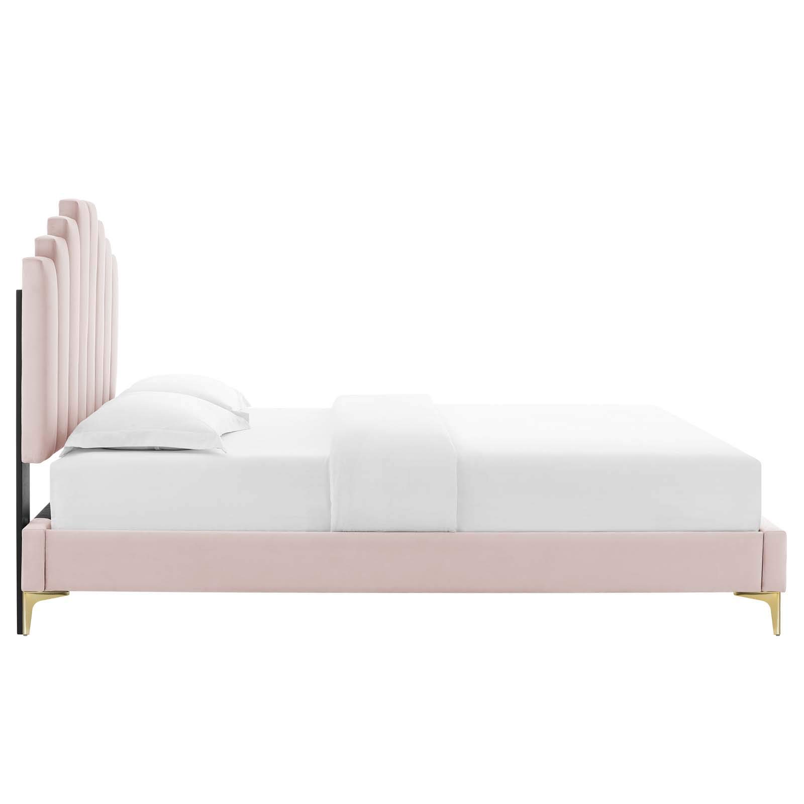 Modway Elise Channel Tufted Performance Velvet King Platform Bed - Pink Velvet Upholstery with Gold Metal Legs - Luxury Bedroom Furniture for Master Suite & Guest Room