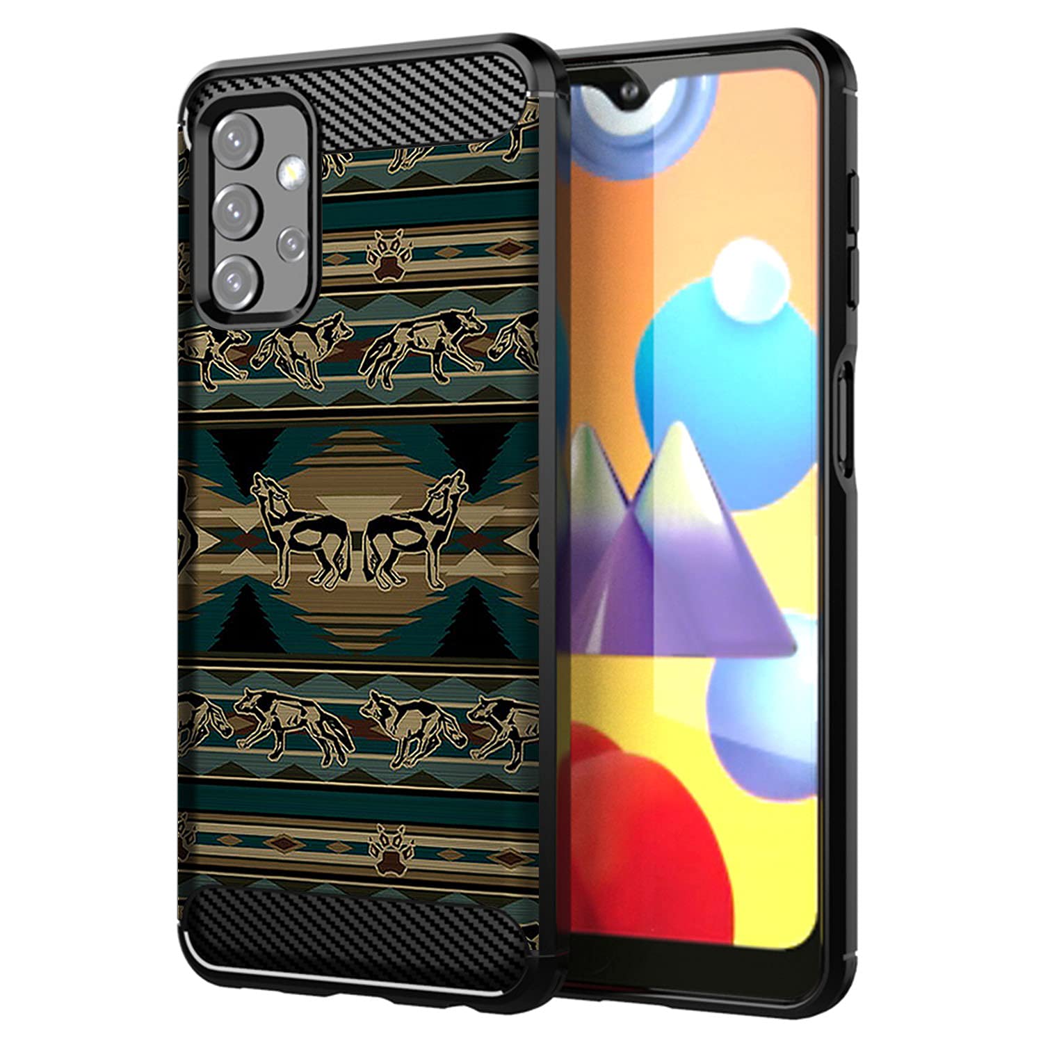 Samsung Galaxy A32 / A32 5G LTE Case - Slim Shockproof TPU Protective Cover with Green Wolf Tribal Design | Durable Flexible Phone Case for Everyday Use & Outdoor Activities