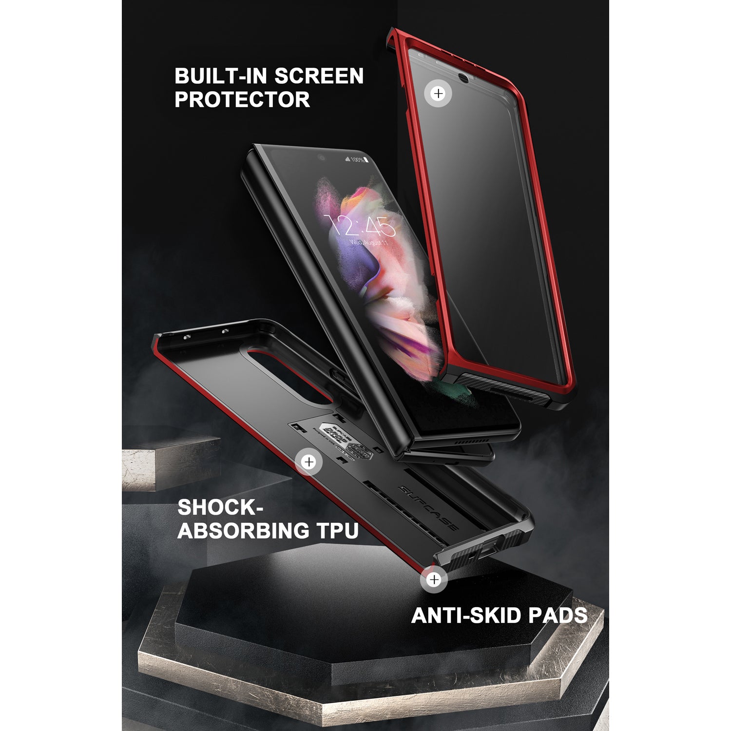 Samsung Galaxy Z Fold 3 Case with Built-in Kickstand & Screen Protector - Shockproof Heavy Duty Cover for Z Fold3 (Metallic Red) | Perfect for Work, Travel & Everyday Protection