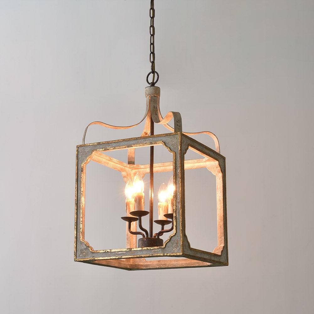Boho Rustic Cube Chandelier - Modern Farmhouse Pendant Light with Wooden Beads & Metal Frame for Dining Room, Bedroom, or Living Room Decor