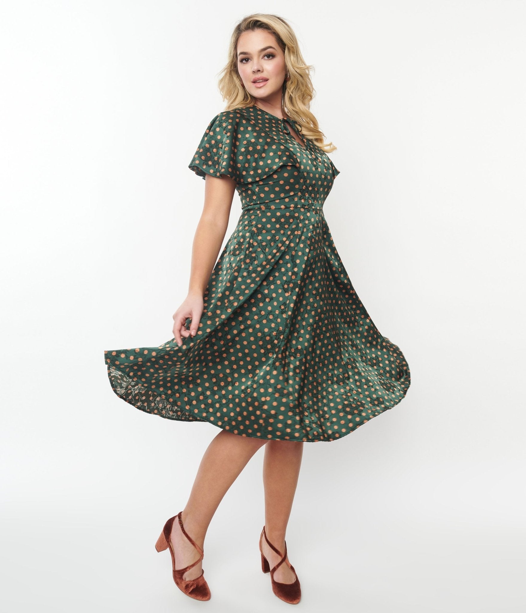 Vintage 1940s Hunter Green & Rust Polka Dot Swing Dress - Retro Tea Length Dress for Women - Perfect for Vintage Parties, Swing Dancing & 1940s Themed Events