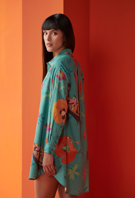 Oversized Cotton Silk Check Shirt in Aqua - Stylish & Comfortable for Casual Wear, Office & Outings