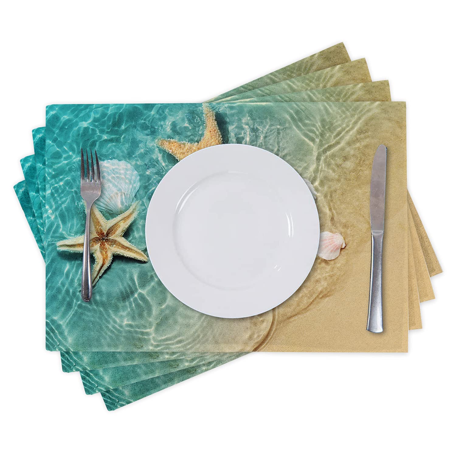 Premium 4-Piece Woven Linen Placemats Set - Washable, Non-Slip & Heat Resistant Table Mats for Christmas, Thanksgiving & Everyday Dining - Easy Clean Kitchen Decor (Beach Shell Ocean Design) - Perfect for Holiday Gatherings, Family Dinners & Elegant Table Settings