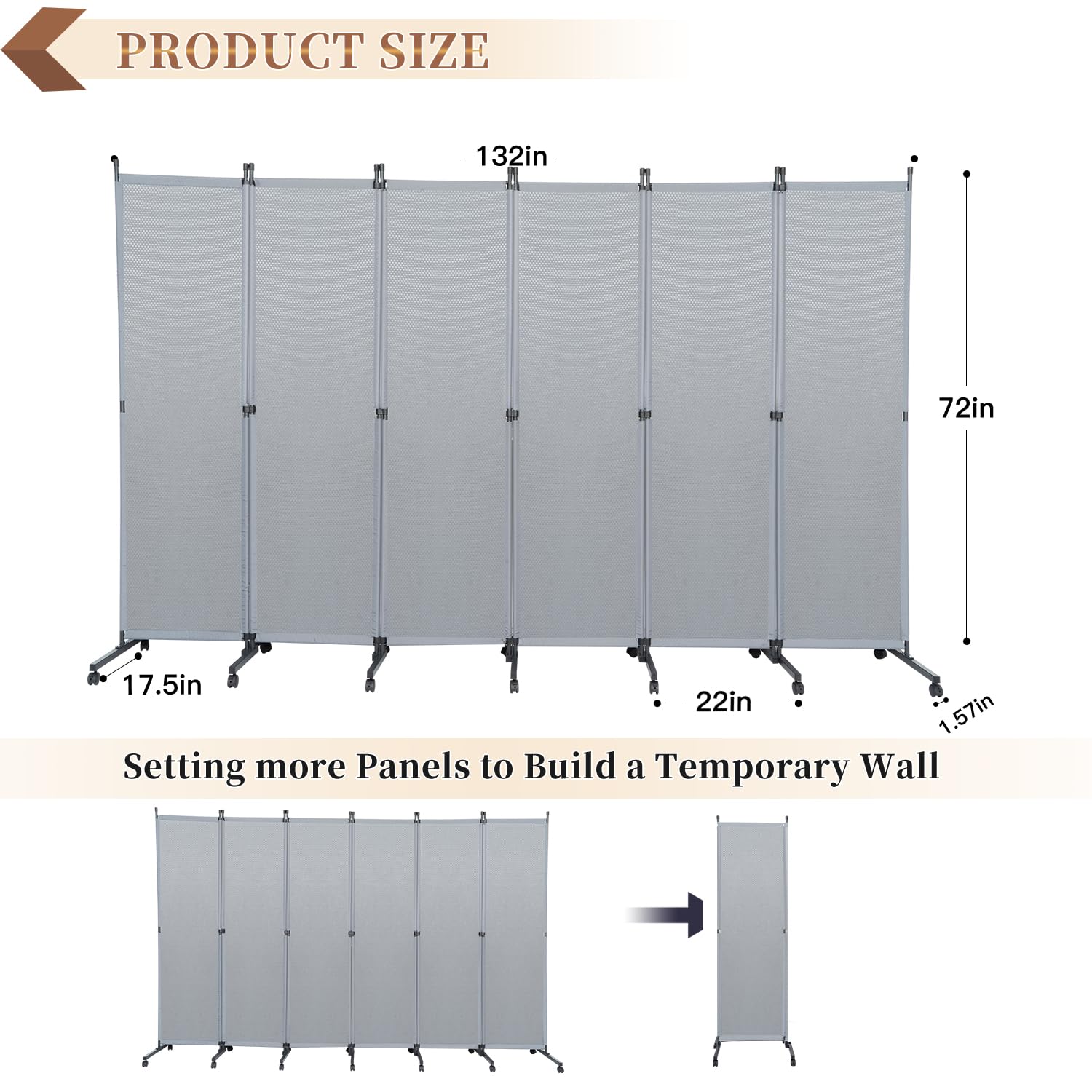 6-Panel Room Divider Screen with Wheels - Portable Freestanding Partition Wall for Studio, Office & Home Decoration - Grey Space Separator for Privacy, Room Division & Interior Design