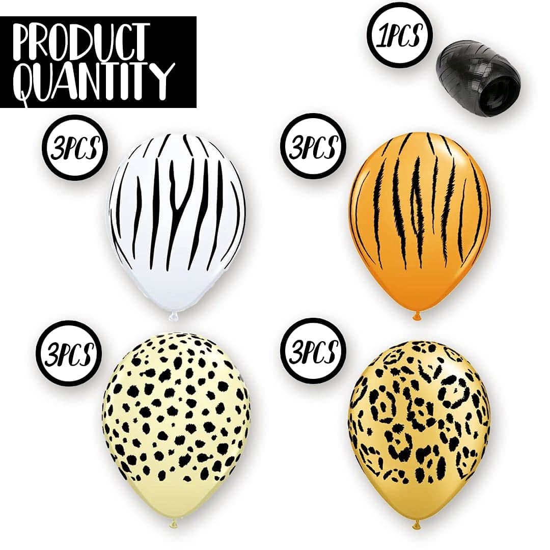 12PCS Jungle Animal Print Balloons - Safari & Zoo Themed Latex Balloons with Matching Ribbon for Birthday Party Decorations, Baby Shower, Jungle Theme Events (Zebra, Giraffe, Leopard Prints)