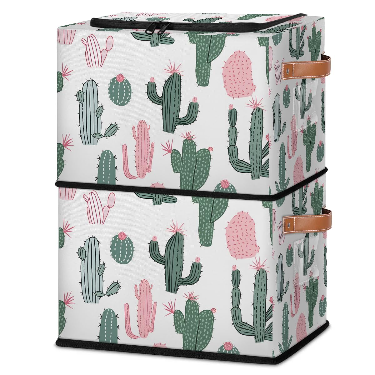 Foldable Fabric Storage Bins with Lids - Stackable Closet Organizer for Clothes, Toys, Blankets | Dustproof Collapsible Storage Cubes for Bedroom, Nursery, Office & Home Organization (Cactus Design)