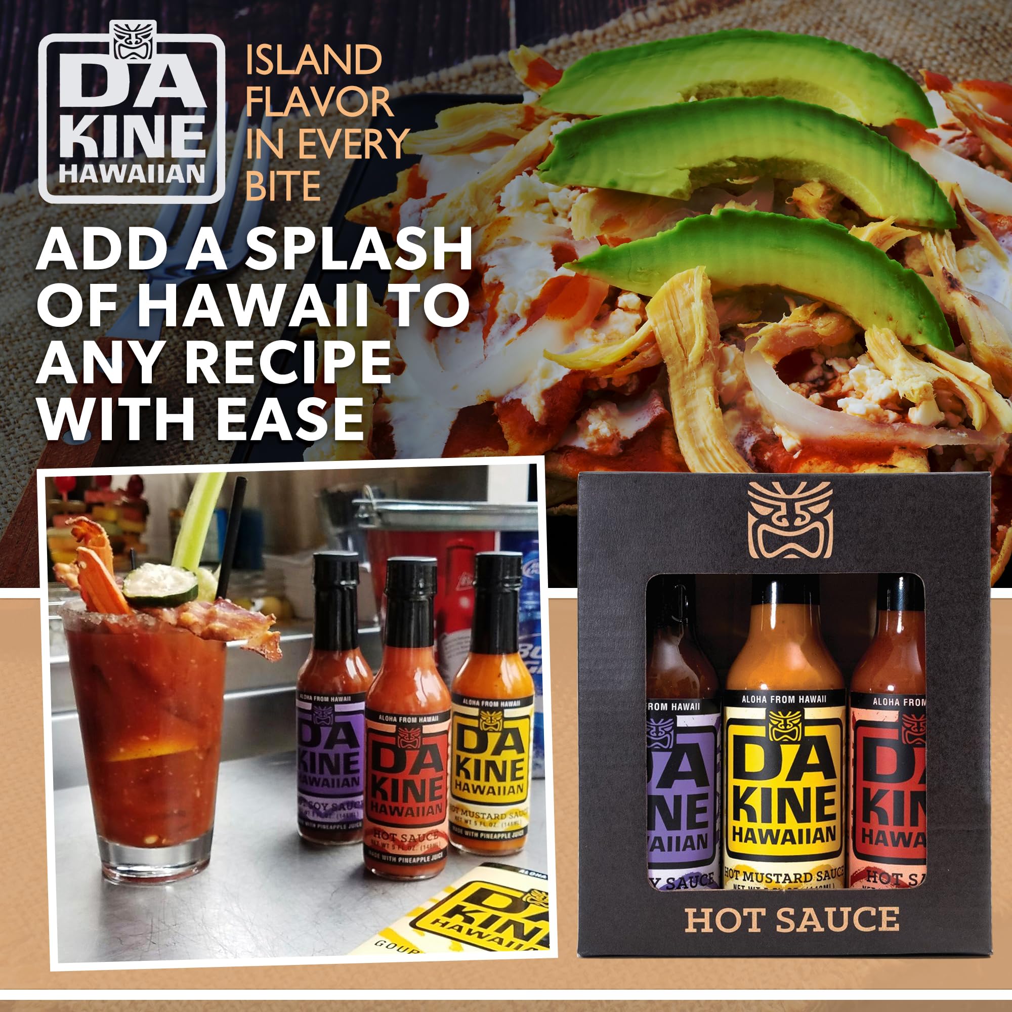 Da Kine Hawaiian Hot Sauce Sampler Set of 3 - Hot Soy, Mustard & Classic Flavors - Pineapple Juice Infused for Meat Tenderizing - Perfect for Marinades, Dipping & BBQ, Grilling, Hawaiian Dishes
