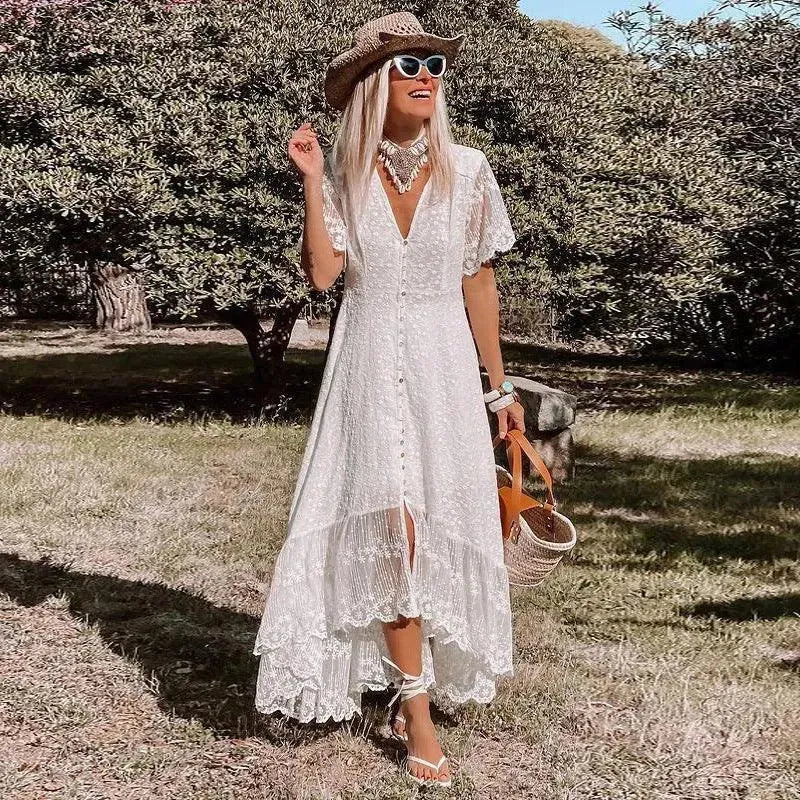 Elegant Women's V-Neck Lace Maxi Dress for Summer Beach Wedding Party & Vacation - Flowy Long Bohemian Dress with Floral Lace Details