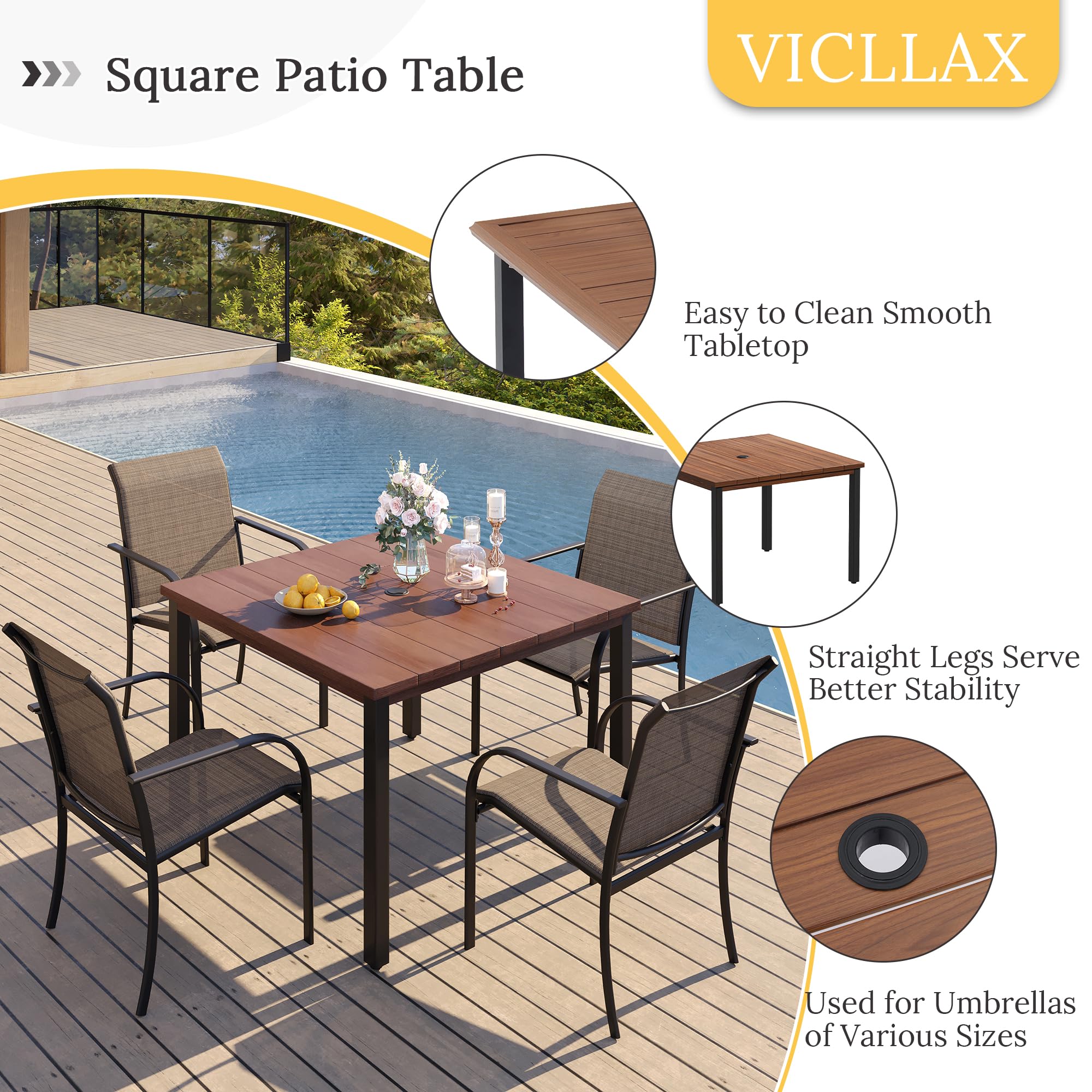 VICLLAX 40.2 Inch Square Outdoor Dining Table for 4 People - All-Weather Metal Patio Table with Umbrella Hole - Walnut Wood-Like Tabletop - Perfect for Garden, Lawn, Backyard, and Poolside Dining