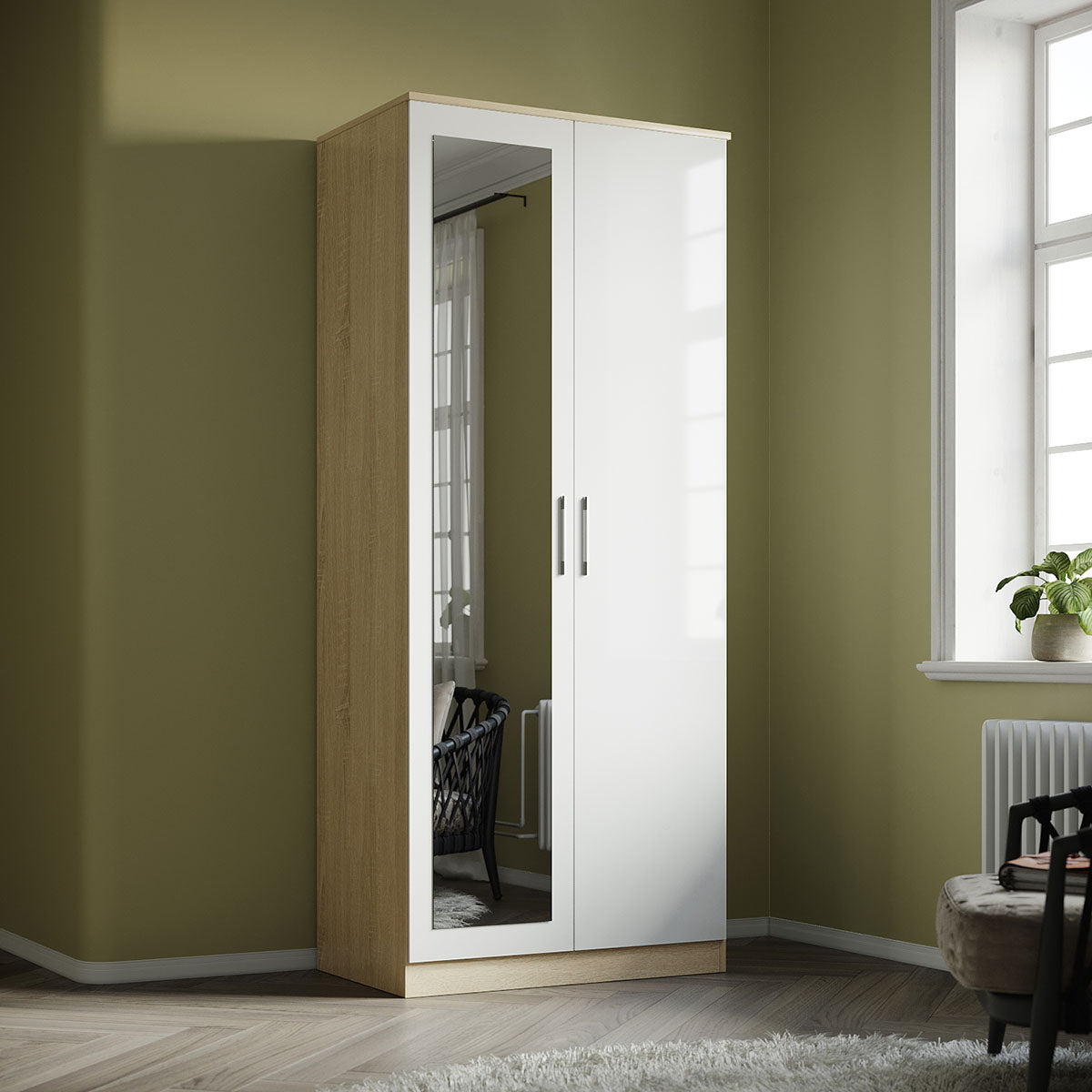 2 Door Wardrobe with Mirror - High Gloss Finish Large Storage Cabinet for Bedroom & Closet Organization - Modern Furniture for Home & Office Use