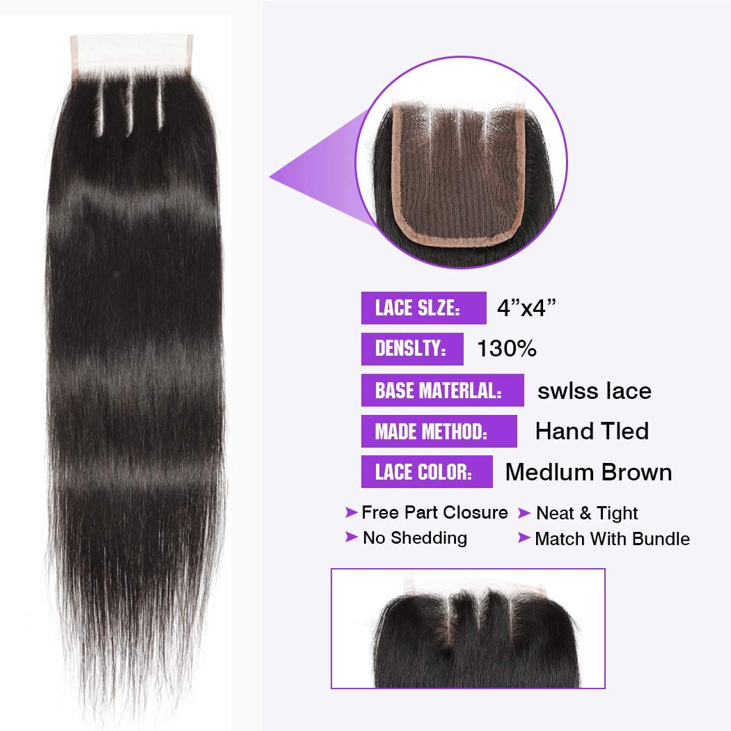 100% Malaysian Straight Virgin Hair Bundles with 3 Part Lace Closure - 12 14 16 18 +12.1B Color - 4 Bundles for Natural Look & Volume - Perfect for Daily Styling, Parties & Special Occasions