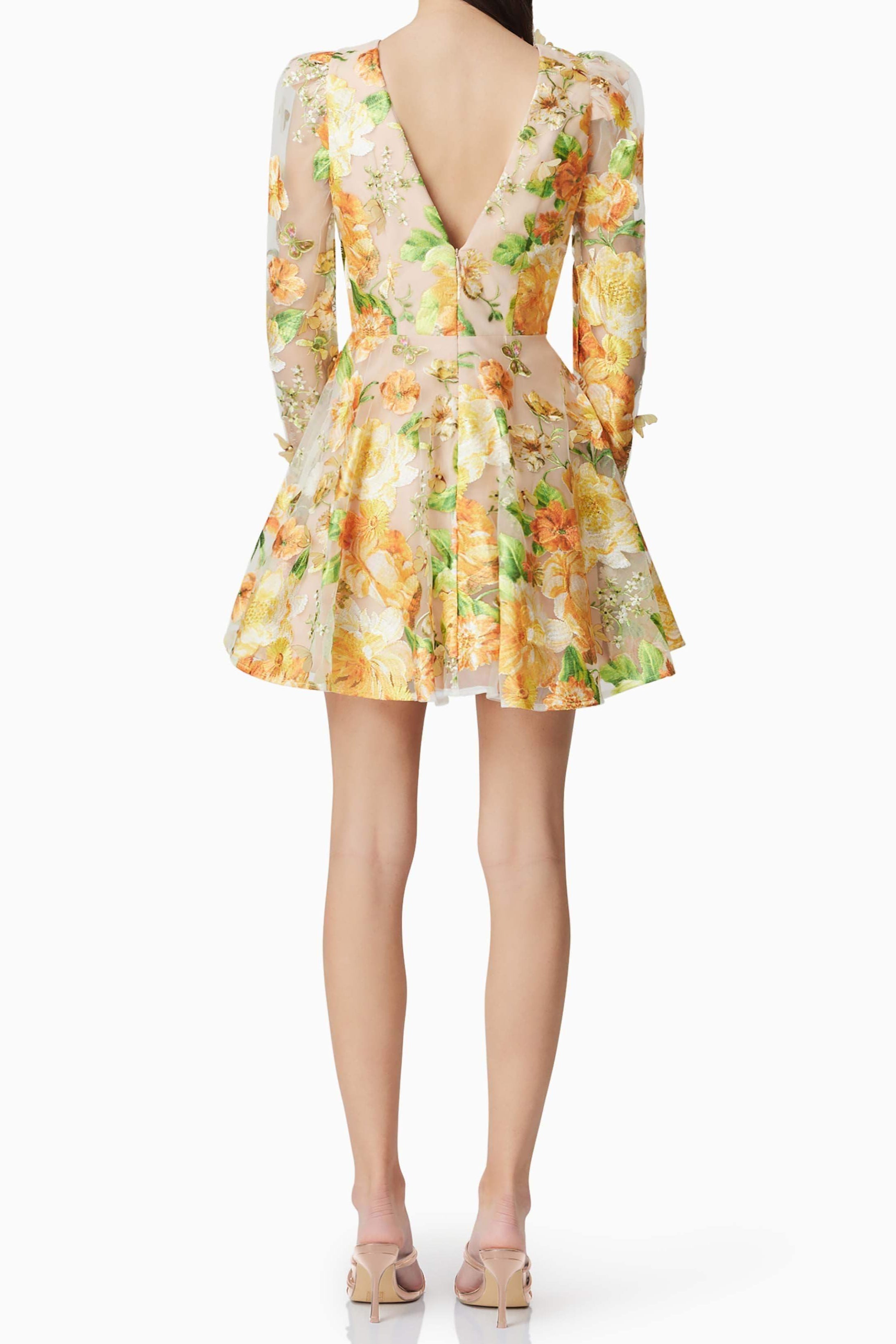 Aella Yellow Floral Embroidery A-Line Mini Dress for Women - Perfect for Summer Parties, Weddings & Casual Outings