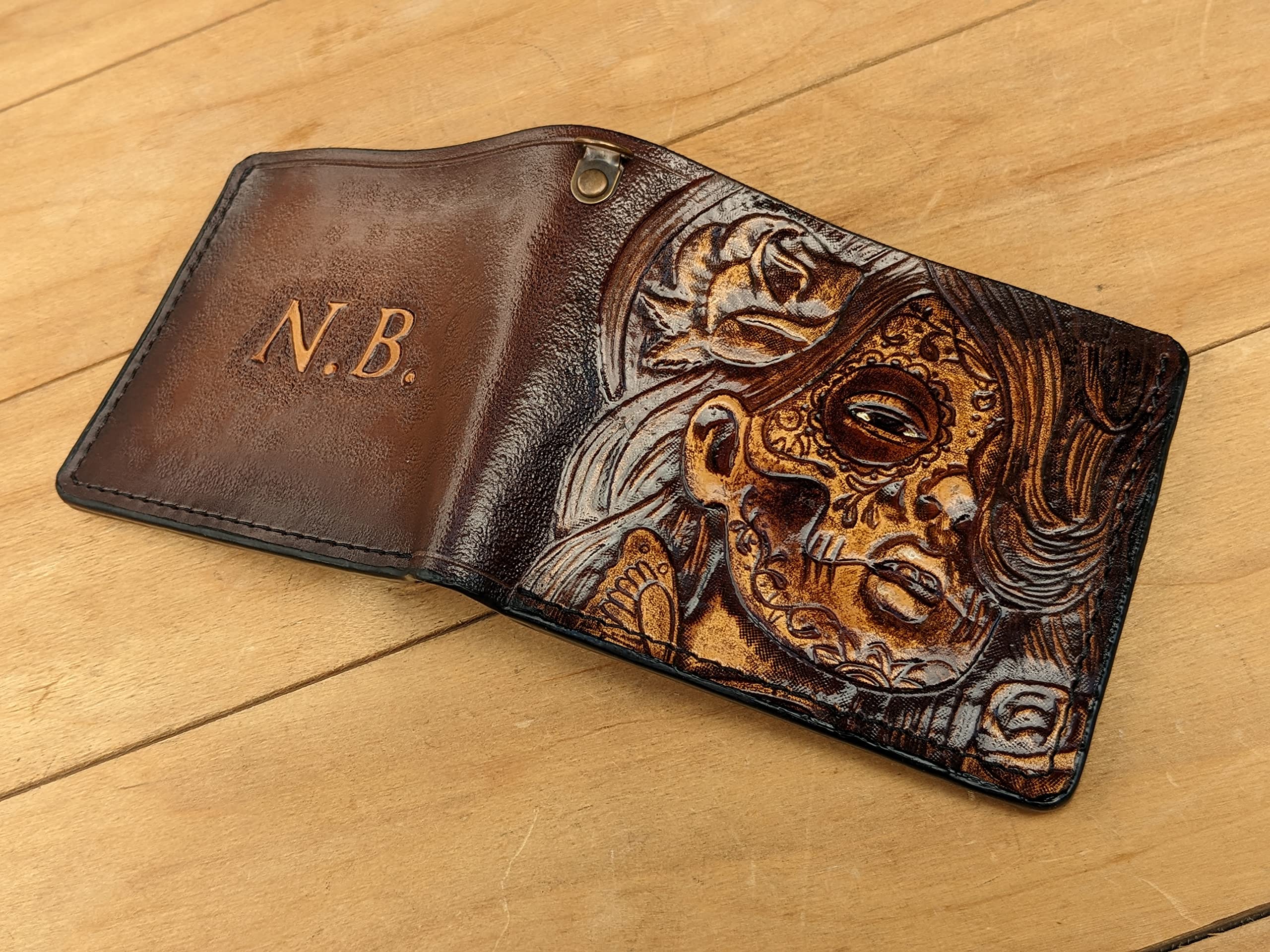 Handcrafted 3D Genuine Leather Bifold Wallet - Mexican Day of the Dead Sugar Skull Carved Design, Custom Personalized Airbrush Art Wallet for Men | Perfect Gift for Father's Day, Birthday & Everyday Use