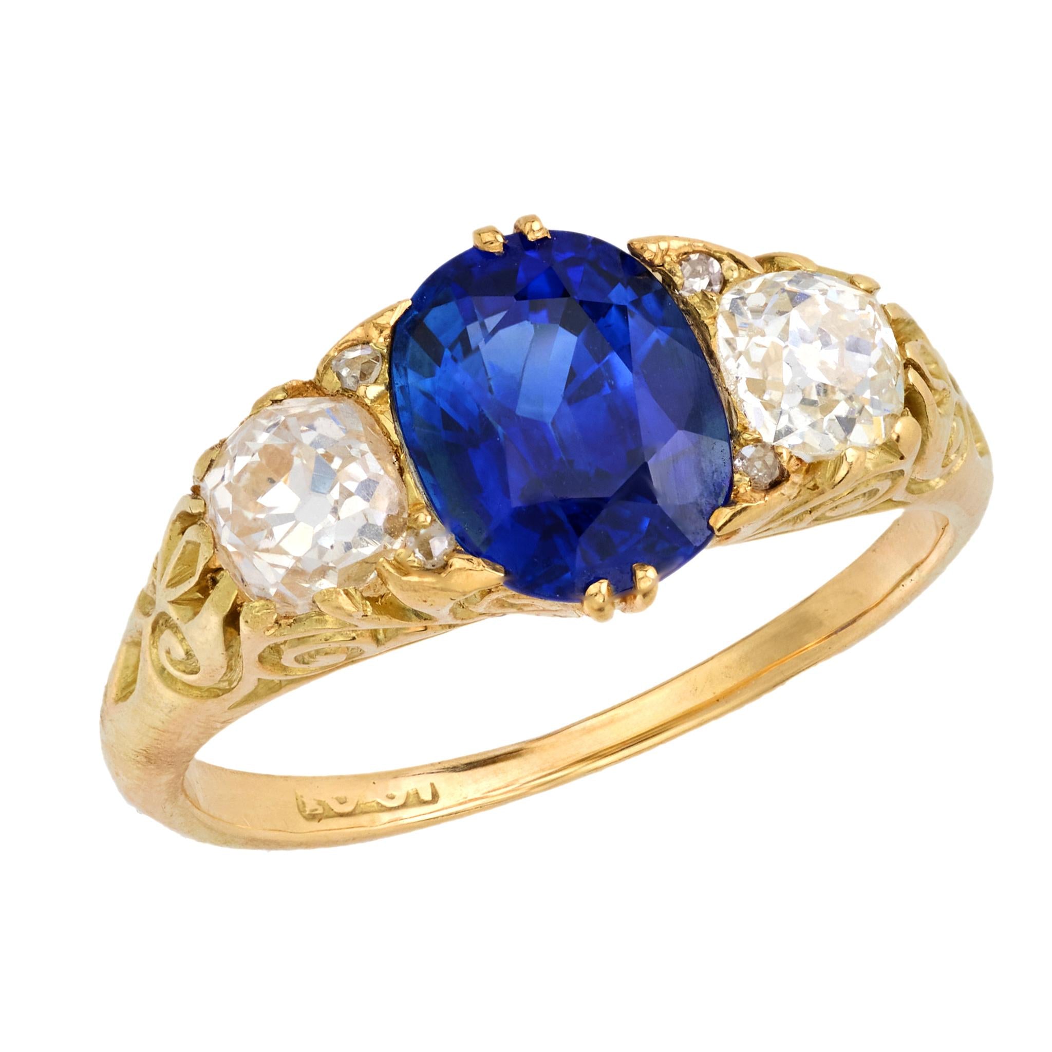 Exquisite Victorian 2 Carat Sapphire & Old Mine Cut Diamond 18K Yellow Gold Three Stone Ring | Vintage Engagement Ring, Anniversary Gift, Heirloom Jewelry for Women