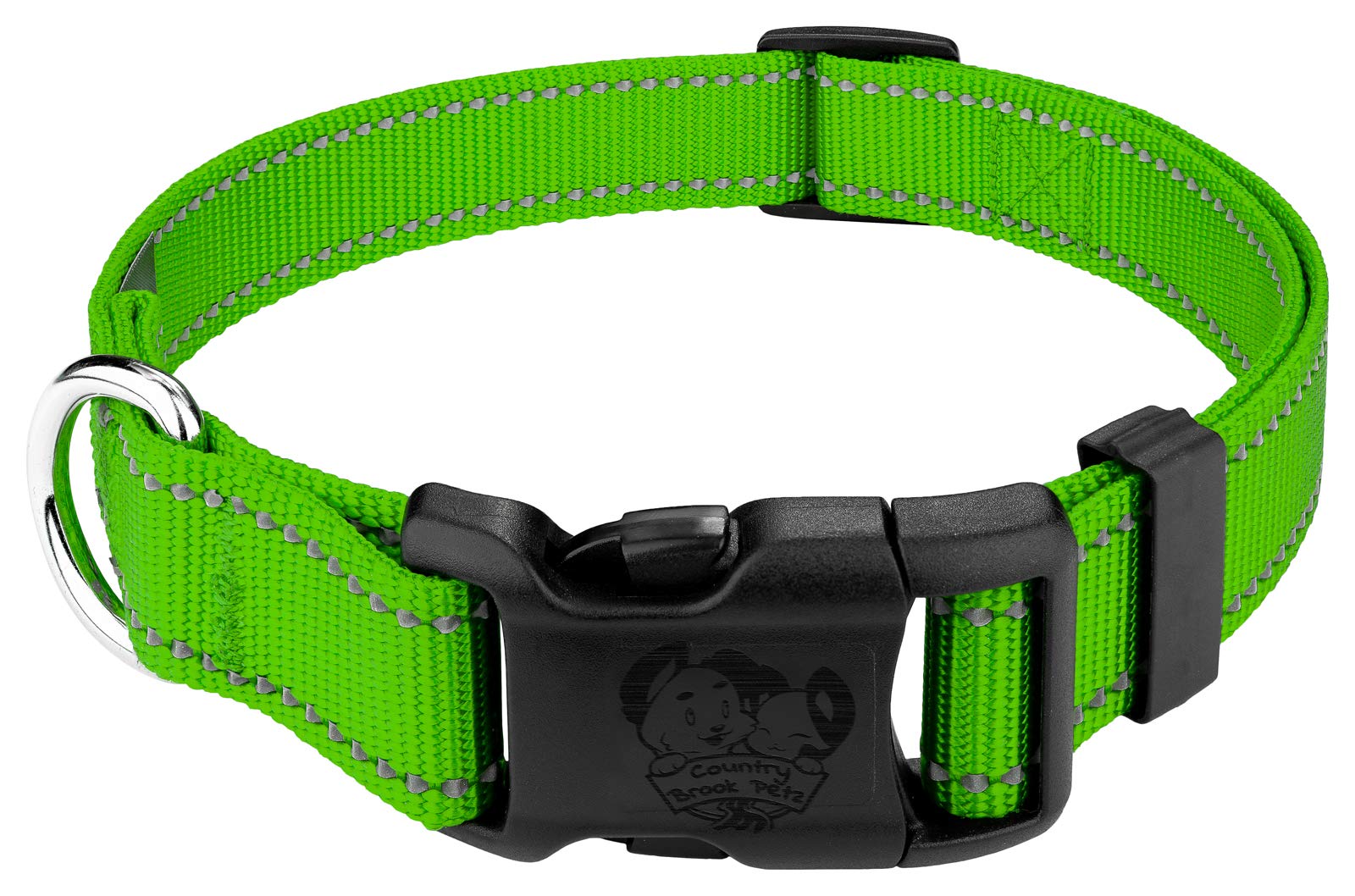 Country Brook Petz - Small Hot Lime Green Reflective Nylon Dog Collar with Heavy-Duty Buckle - Perfect for Night Walks & Outdoor Adventures