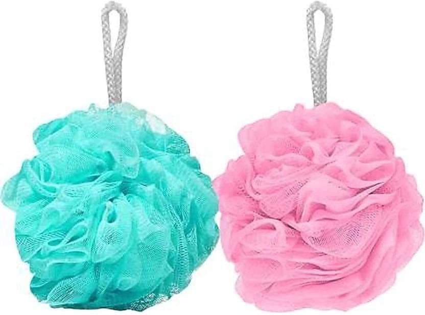 Nicolette Soft Round Loofah Sponge Pouf - Exfoliating Body Scrubber for Men, Women & Kids - Gentle Bath Sponge for Shower & Skin Care - Pack of 2 Multicolor - Perfect for Daily Exfoliation & Luxurious Bathing Experience