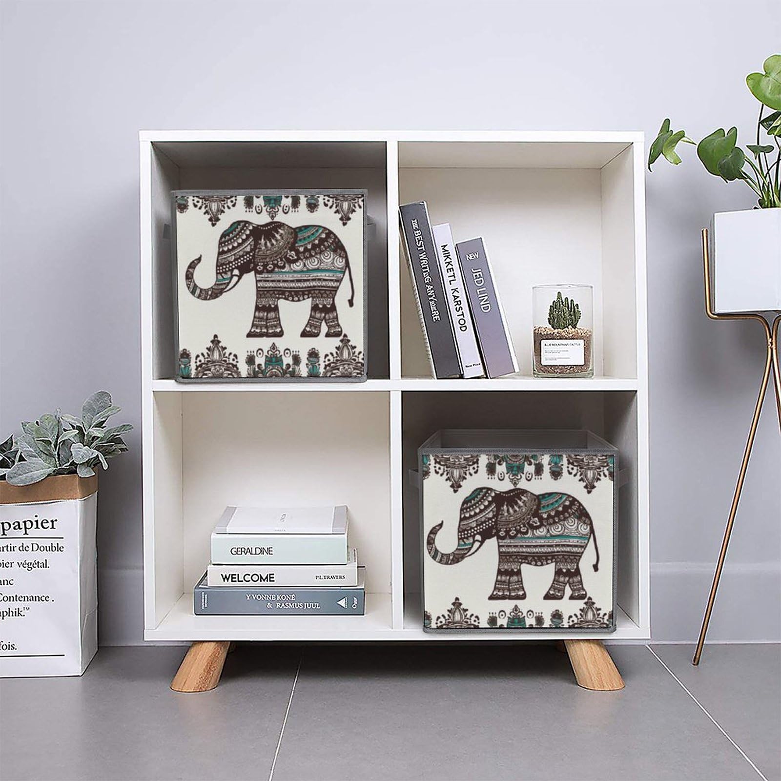 Bohemian Elephant Pattern Collapsible Storage Bins 6-Pack - Large Woven Storage Baskets with Handles for Closet, Bedroom & Nursery Organization - Perfect for Clothes, Toys, Blankets & Home Decor Storage
