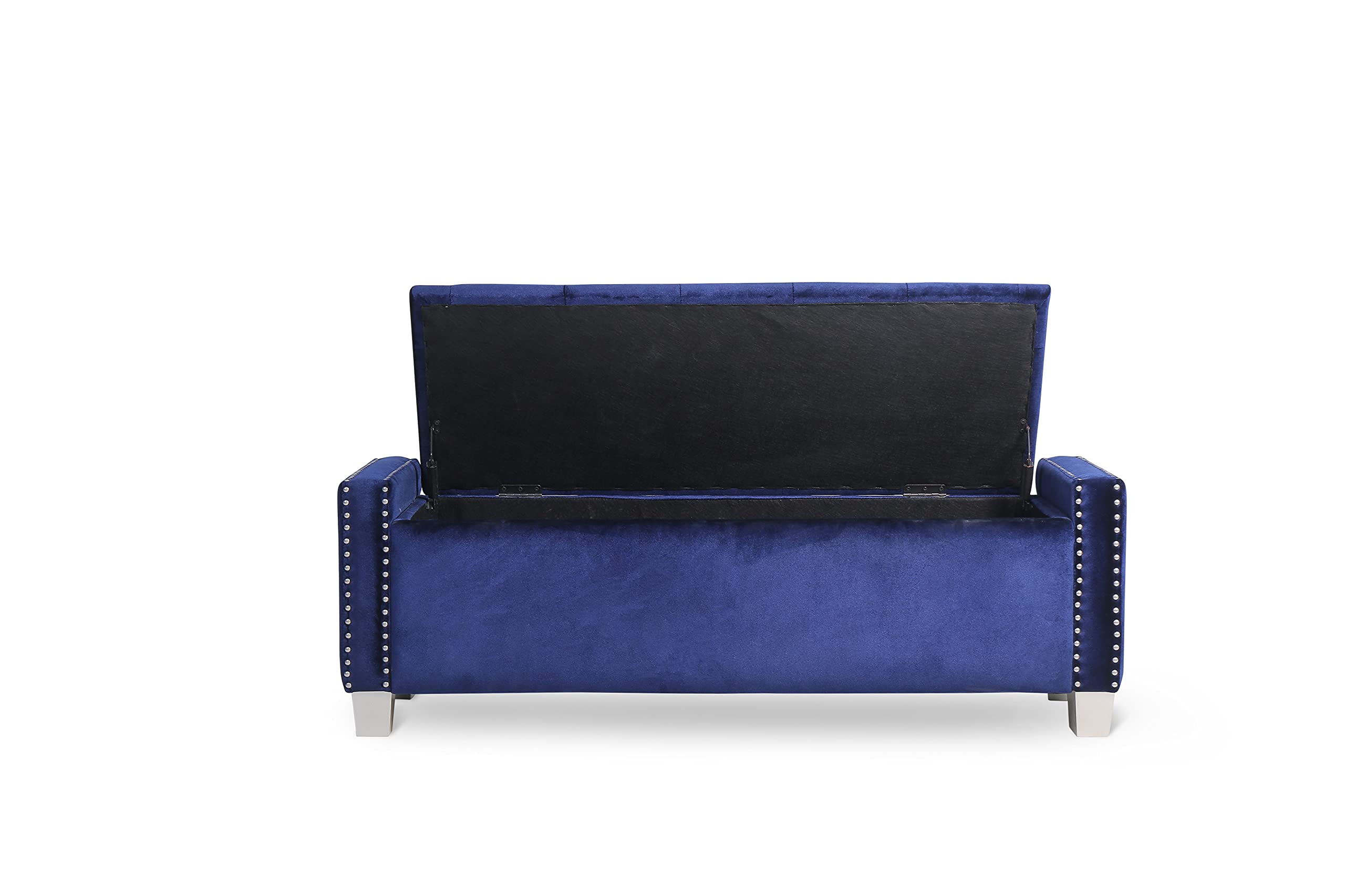 Velvet Upholstered Storage Bench with Removable Cushion - Blue Velvet Ottoman for Living Room, Bedroom & Entryway - Stylish Seat & Storage Solution