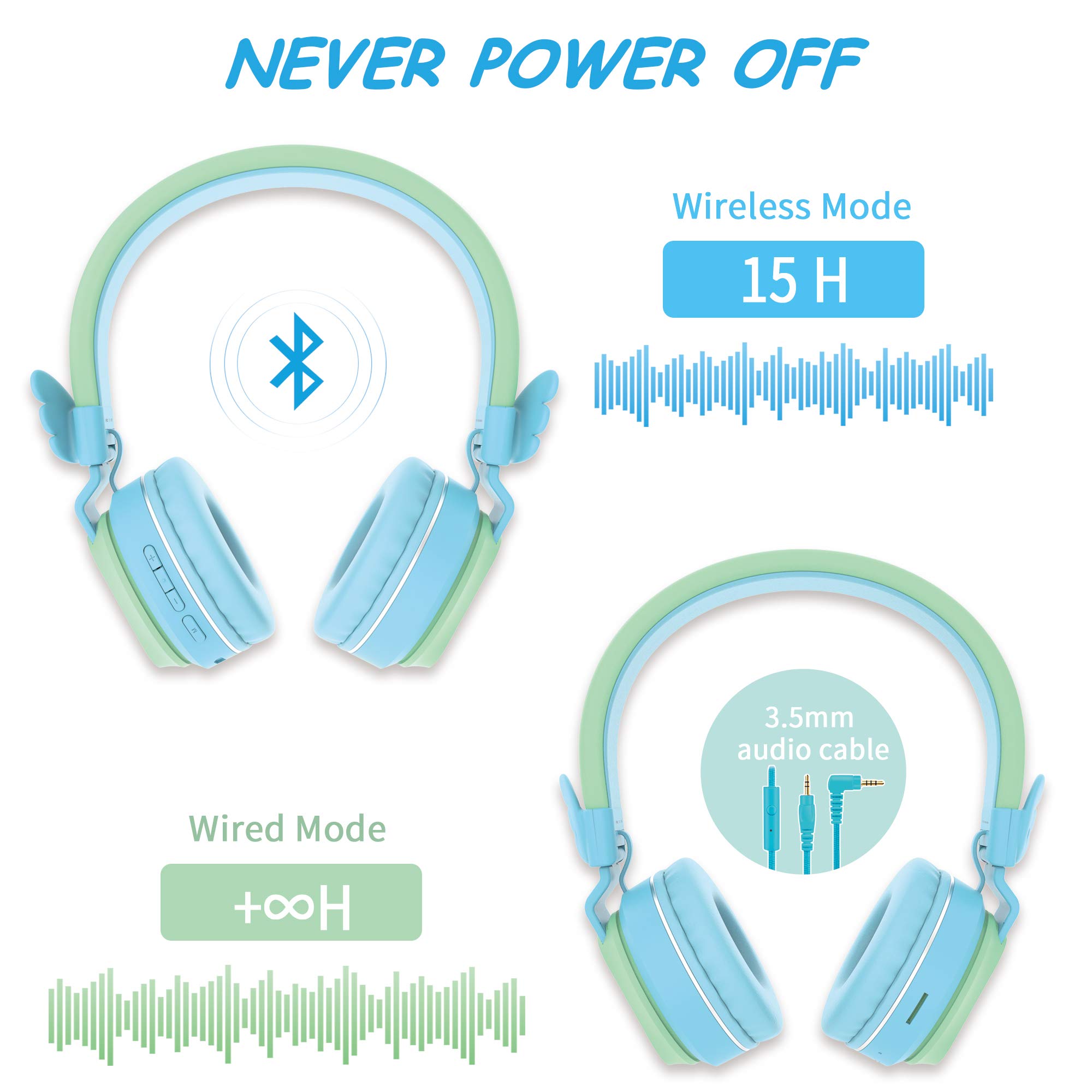 Riwbox BT05 Wireless Bluetooth Kids Headphones - Foldable Over-Ear Headset with Volume Limiter, Built-in Mic & TF Card Slot - Compatible with iPad, iPhone, Tablet (Green & Blue) - Perfect for Online Learning, Travel & Home Entertainment