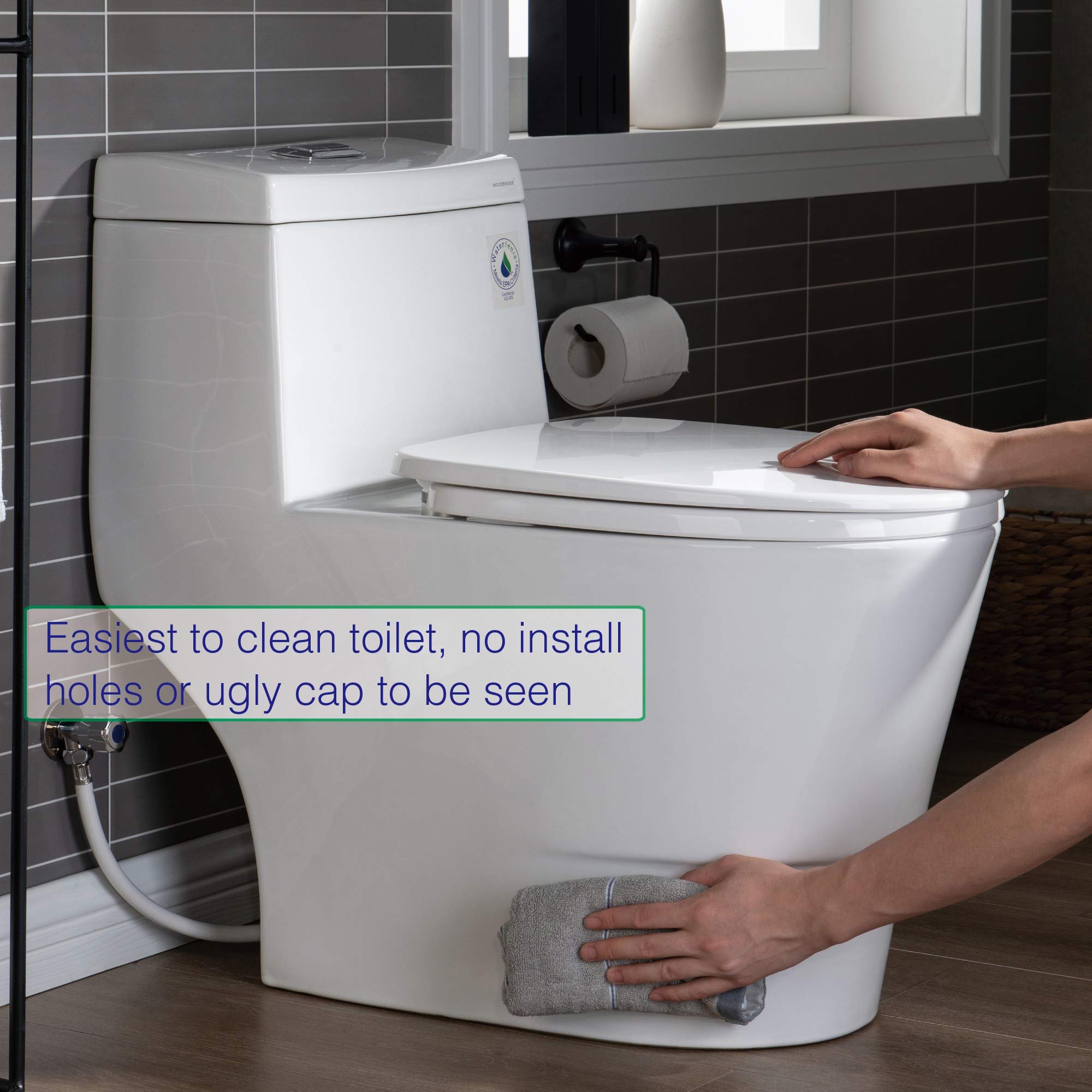 WOODBRIDGEE One Piece Toilet with Soft-Close Seat - Chair Height ADA Comfort, 1.28 GPF Dual Flush Water-Saving Design, 1000g MaP Flushing Power with Chrome Push Button (Model T0001-CH, White) - Perfect for Modern Bathrooms & Water-Efficient Homes
