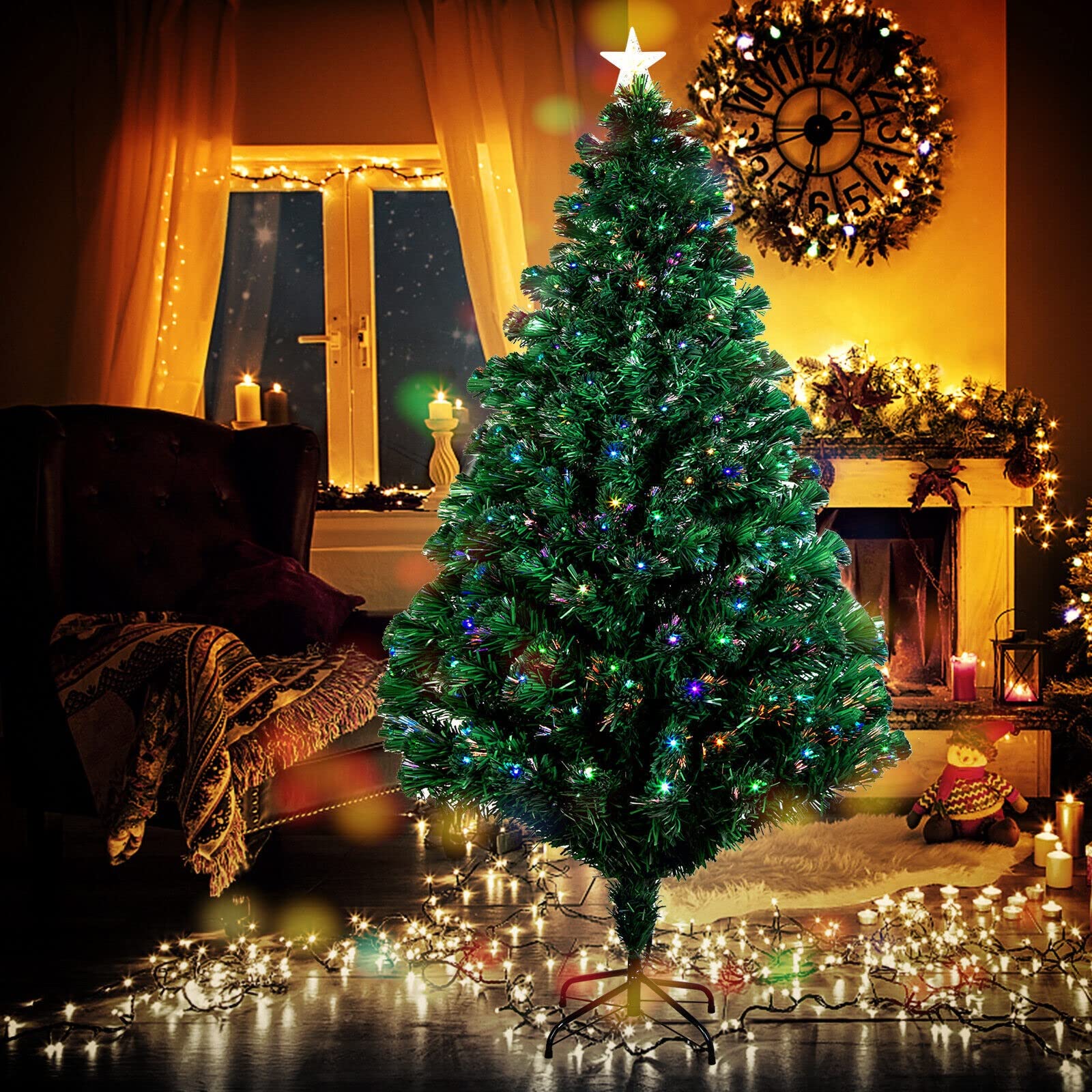 4.5ft Pre-Lit Artificial Christmas Tree with LED Lights & Stand - Fiber Optic Pine Xmas Tree for Indoor & Outdoor Holiday Decor - Perfect for Home, Office, Party & Festive Celebrations