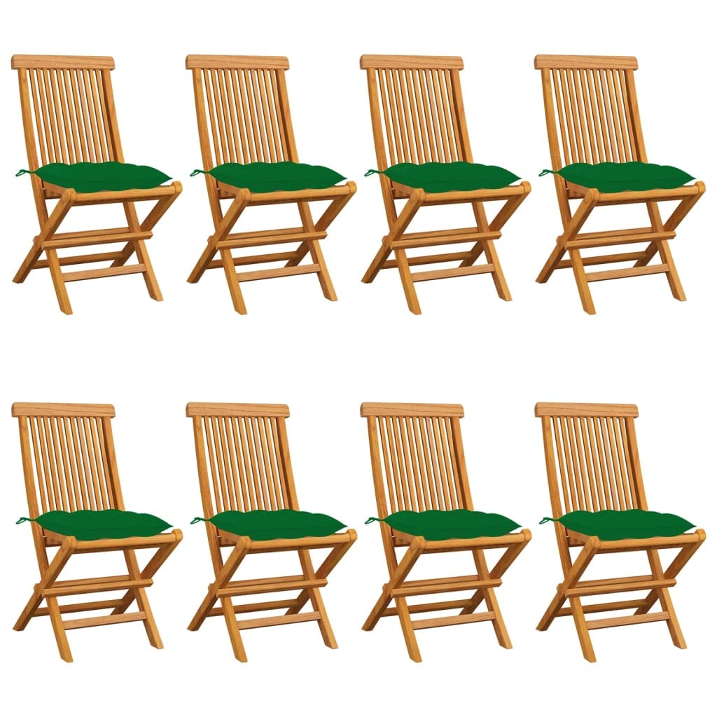 Premium CHARMMA Patio Chairs Set of 8 - Solid Teak Wood Outdoor Furniture with Comfortable Green Cushions | Perfect for Garden, Poolside, and Backyard Relaxation