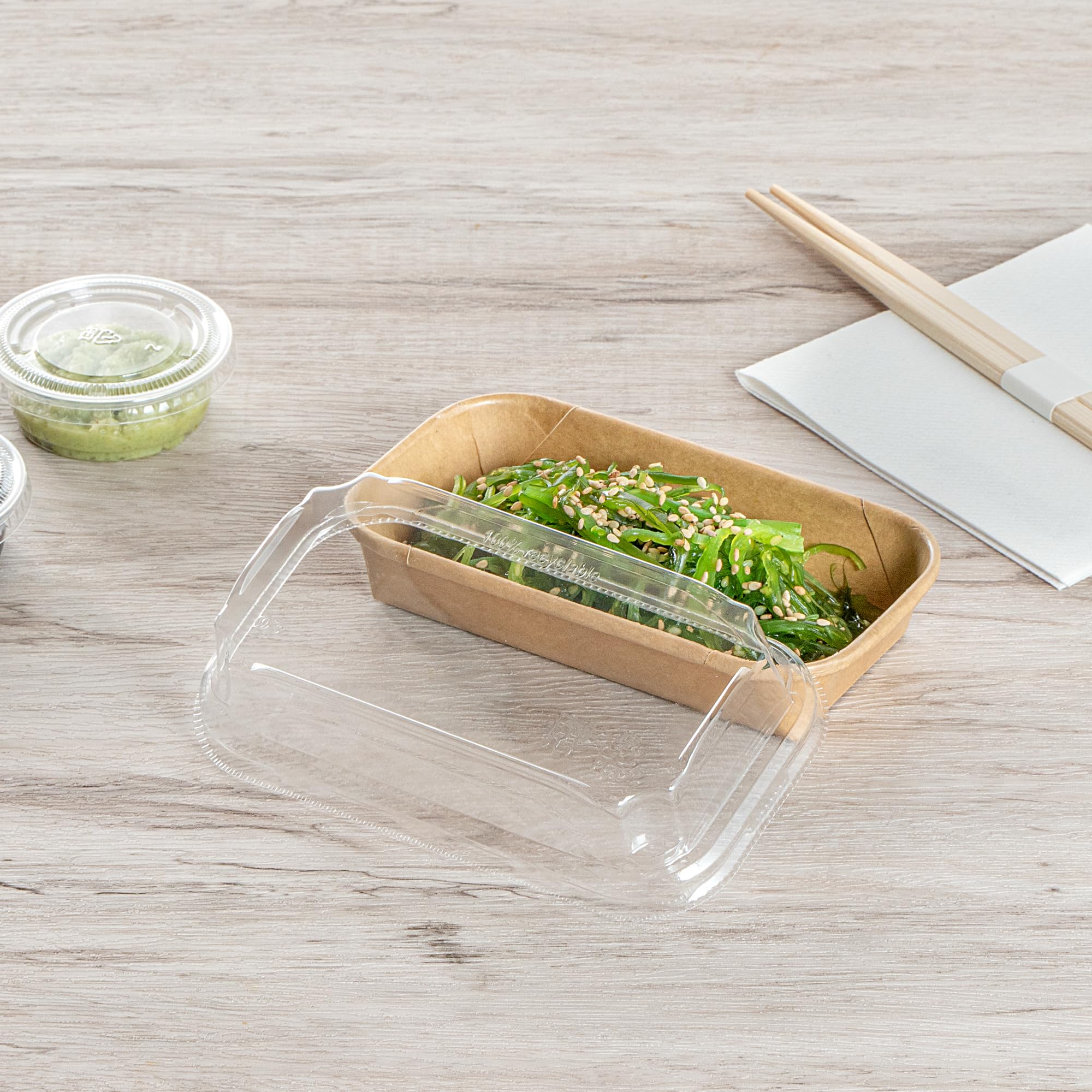 Matsuri Vision 5.6 x 3.2 x 1.2 Inch Clear Plastic Dome Lids for Sushi Containers - 50 Pack Airtight No-Fog Lids (Containers Sold Separately) - Perfect for Sushi Restaurants, Catering & Takeout Boxes