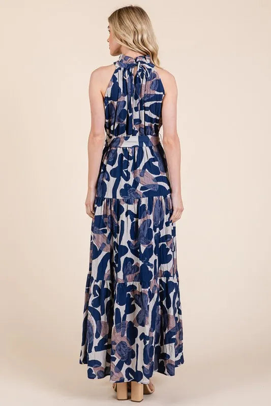 Elegant Halter Neck Tie Waist Tiered Maxi Dress for Women | Summer Beach Vacation Resort Wear | Perfect for Pool Parties, Tropical Getaways and Evening Dinners