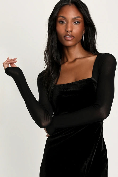 Elegant Black Velvet Mesh Long Sleeve Maxi Dress for Women - Perfect for Evening Parties, Weddings & Special Occasions