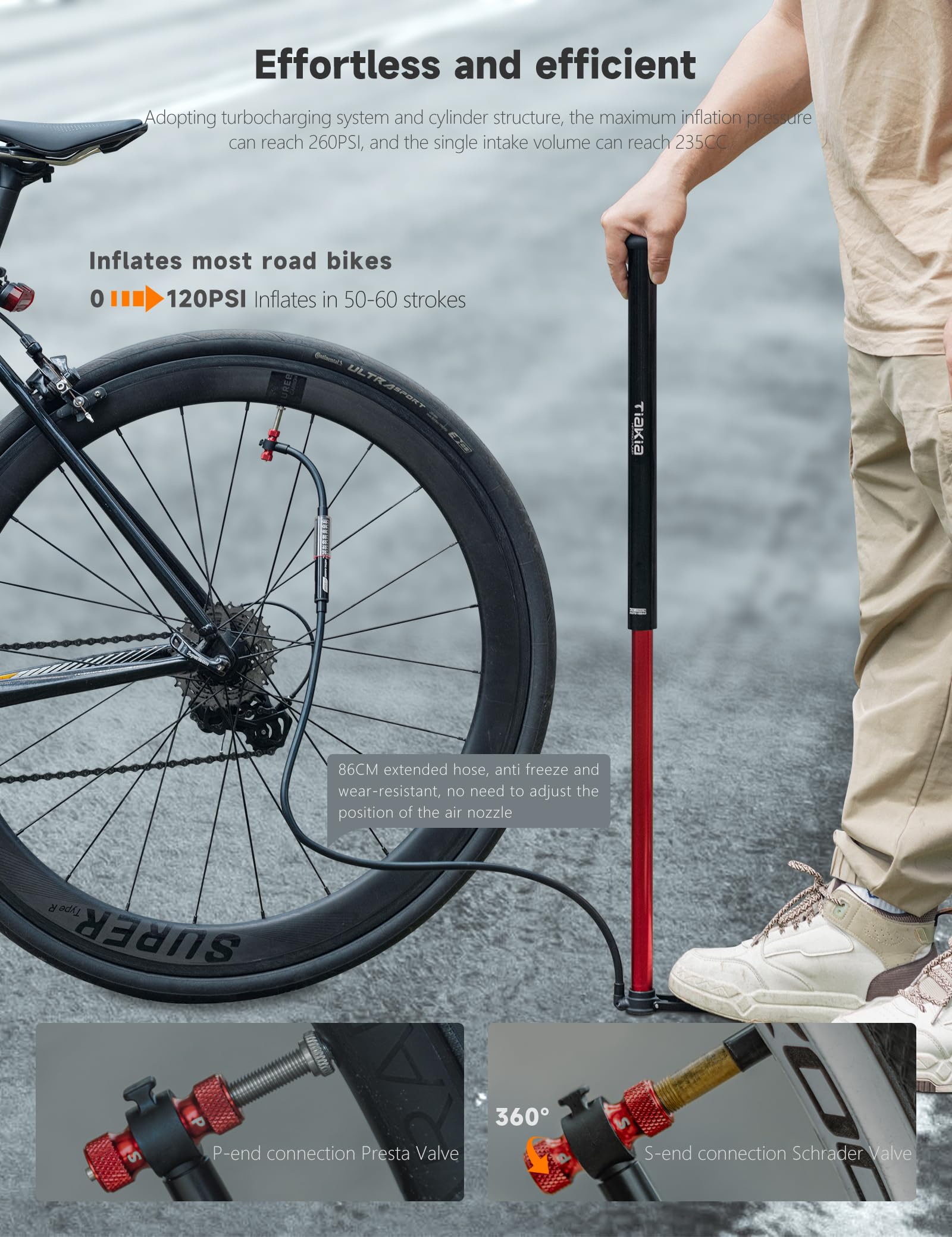 Tiakia High Pressure Bike Pump with Gauge - Portable Aluminum Bicycle Tire Pump for Presta & Schrader Valves - Ideal for Mountain Bikes, Road Bikes, Strollers and Sports Balls | Perfect for Home, Garage & Outdoor Cycling Adventures