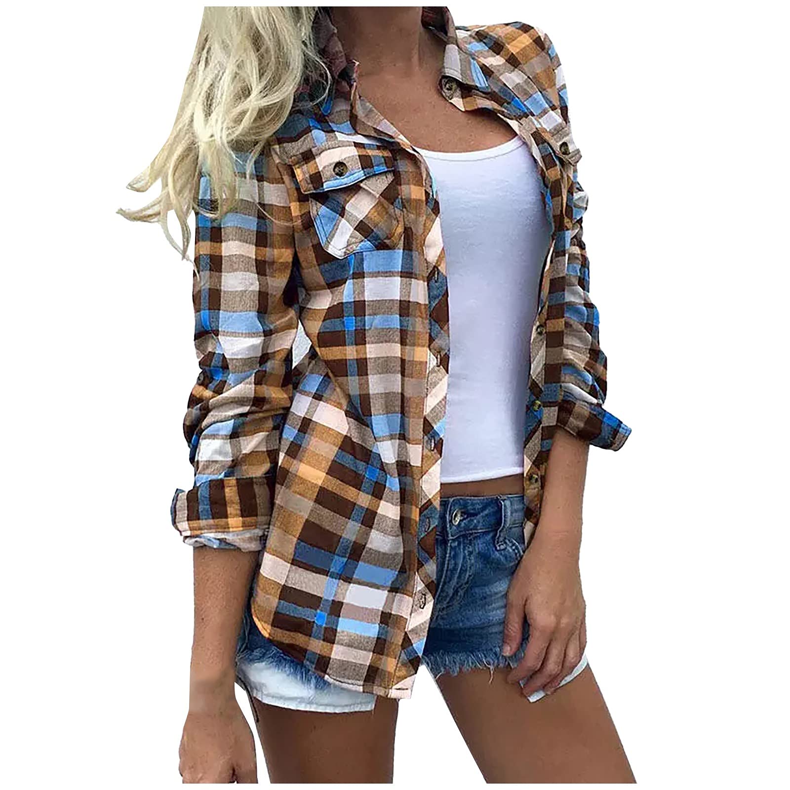 FMCHICO Women's Long Sleeve Plaid Print Button Down Cardigan Blouse with Lapel & Pocket - Office Wear, Casual Outfits, Fall Layering Essential
