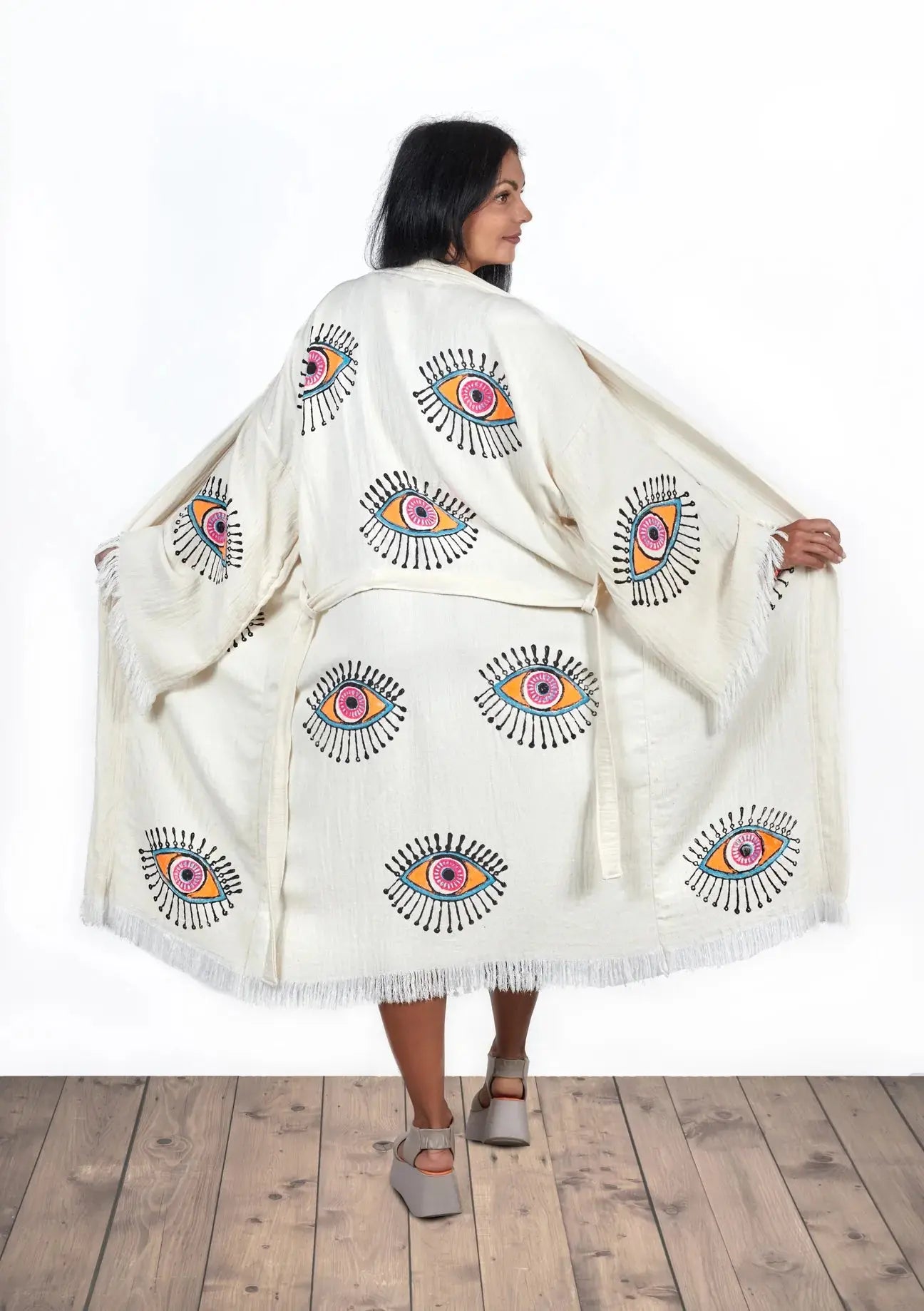 Organic Cotton One Size Neon Women's Kimono Robe with Evil Eye Design - Perfect for Spa, Beach Cover-Up, Yoga & Boho Loungewear