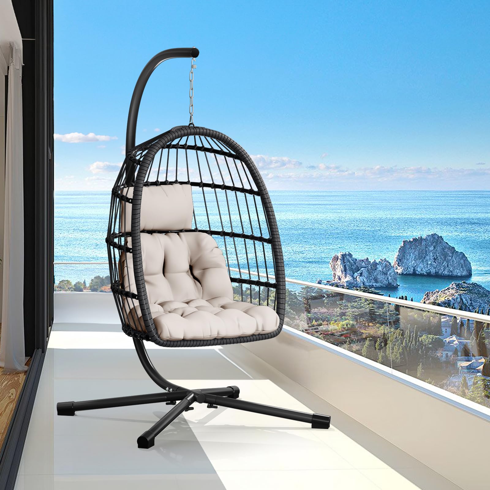 Egg Chair with Stand - Patio Rattan Wicker Hanging Swing Chair for Bedroom, Porch & Garden - Thickened Aluminum Alloy Steel Frame & UV-Resistant Cushion - 350LBS Capacity - Perfect for Relaxing Outdoors or Indoor Lounging