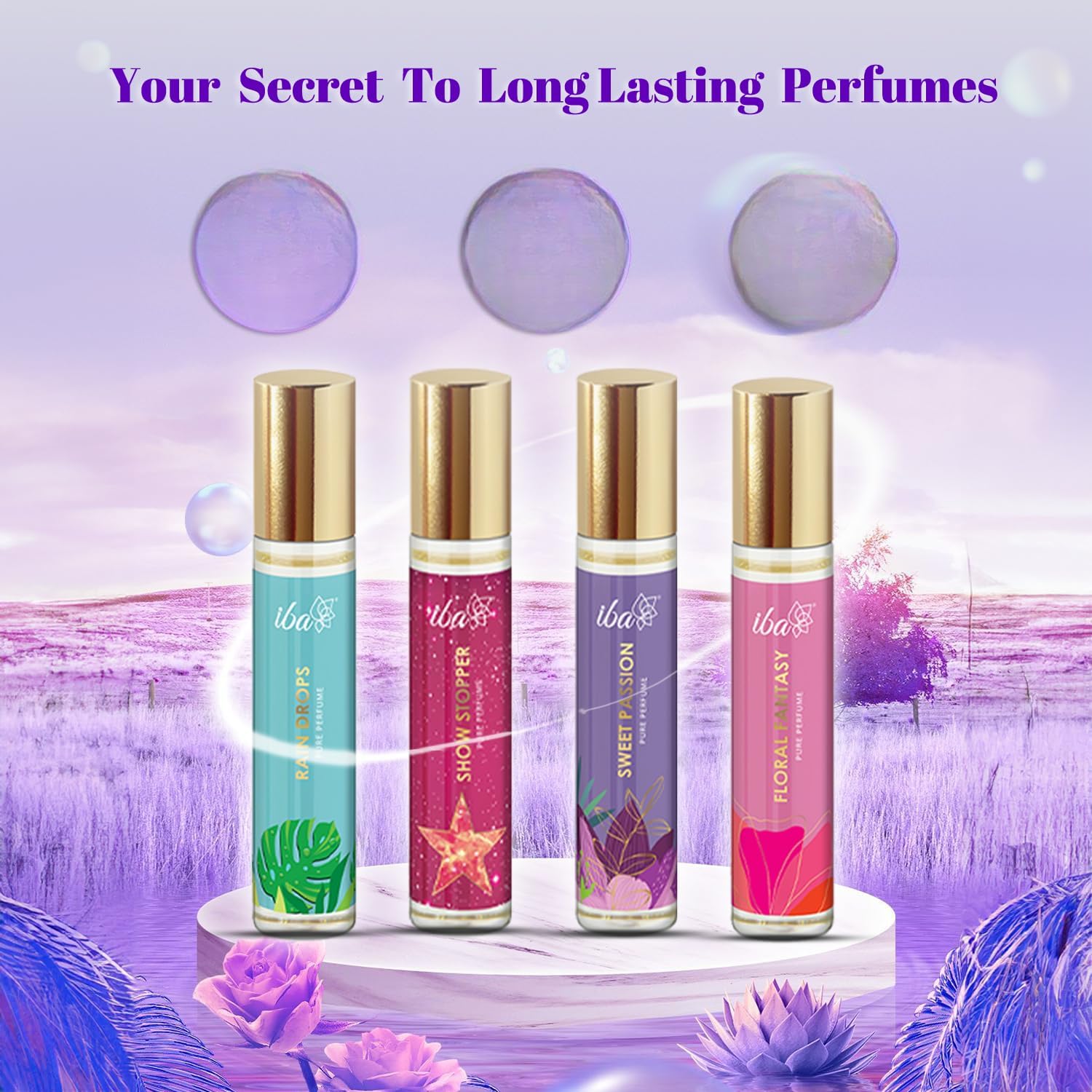 Luxury Perfume Gift Set for Women - 4 x 10ml Roll-On Fragrances (Aqua, Fruity, Floral, Woody, Musky & Spicy) | Long Lasting, Alcohol-Free Scent | Perfect for Travel, Date Night & Everyday Wear