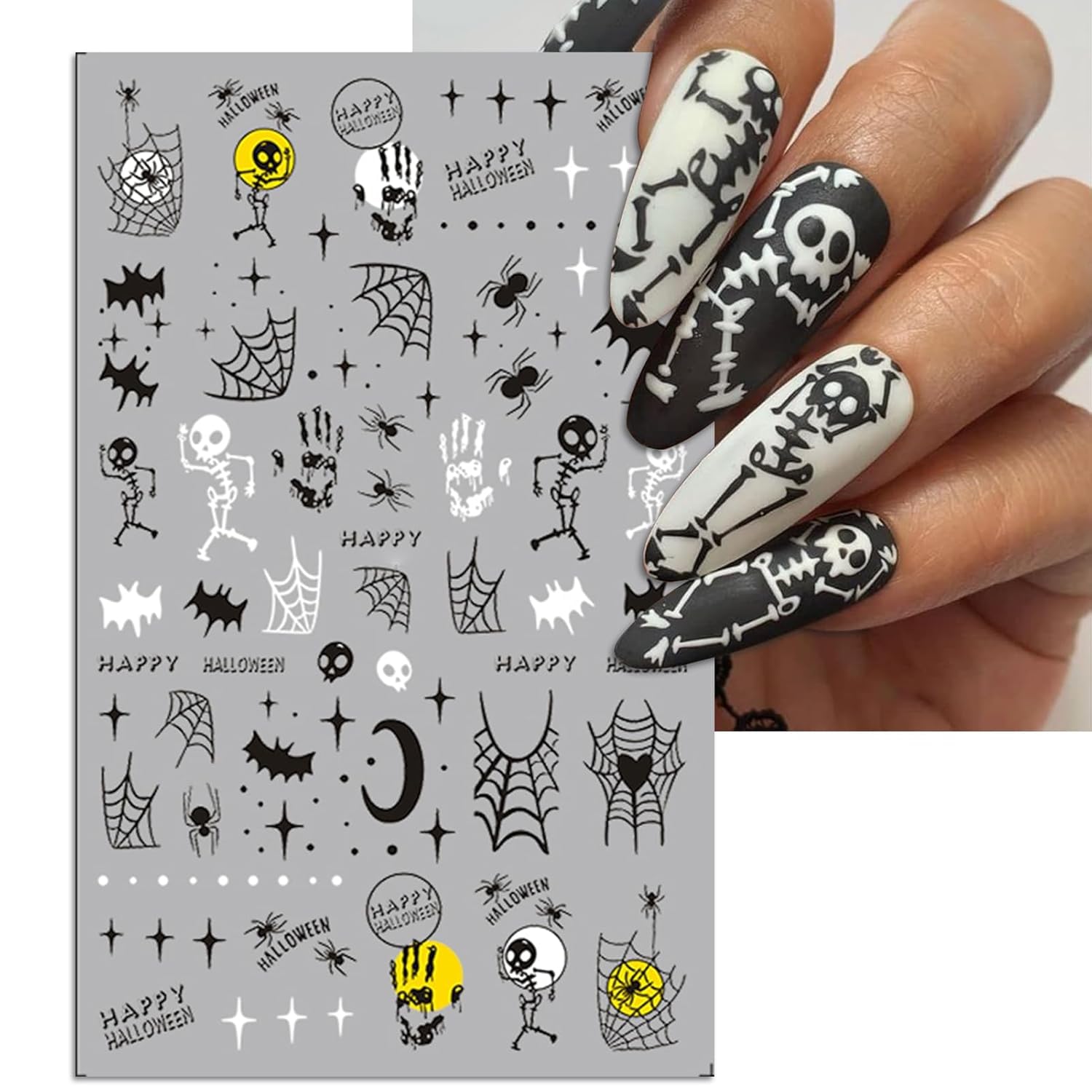 4Pcs Halloween Nail Stickers - Scary Ghost, Pumpkin, Spider, Bat & Skull Designs for Nail Art - French Tip Gel Nail Decals - Perfect for Halloween Parties, Costume Events & Spooky Nail Decorations